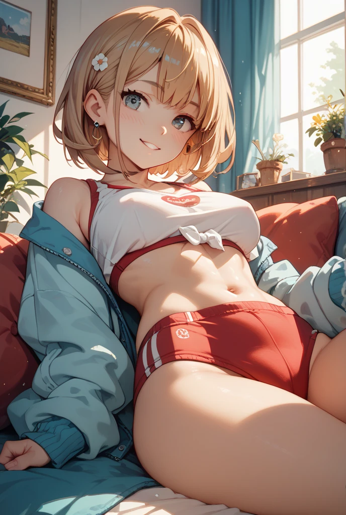 ((Best Quality)), ((masutepiece)), (Detailed), Perfect face、female high-school student、(embarassed face)(red underwear pants,Sit up、barechested)pet、Pillow of hearts)、Take off your pants、Cute pants、black,Own room、during night、Red Bra(turn sideways、pet、I have my eyes open、mouth slightly open)