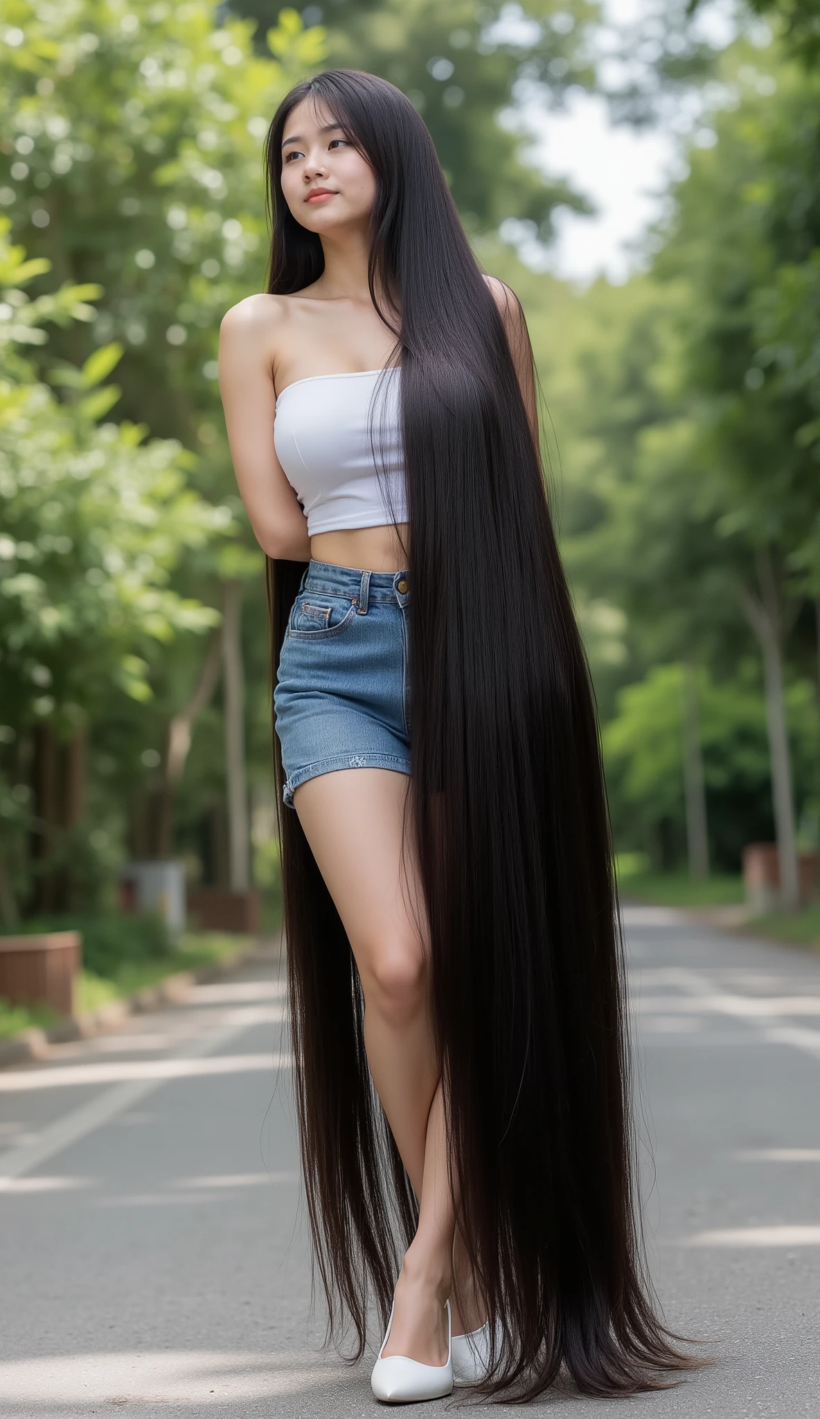 (masterpieces, super detailed, 8k, photorealistic). Very cute and young Vietnamese girl with dimples.she is standing .She wears a sleeveless and strapless white tube dress very tight , fitted tight denim mini skirt and white high heel. Cô ấy dài nhất đến toes .She has the longest light black hair up to 32 meters long. She wears a sleeveless white mini dress , round butt and highest hips . Her longest hair is extremely straight .She has the longest to the toes , Caucasian .Background is the street in the garden. She spread her long, Incredibly soft and long hair from her super super long hair, ((Picture taken from 32 meters away)). ((Negative prompt: bad anatomy, bad hands, bad fingers, missing fingers, extra fingers, fused fingers, mutated hands, extra limbs, malformed limbs, distorted body, blurry, low quality, unrealistic hair, bad eyes, bad teeth,finger deformity, toes , boker effect))