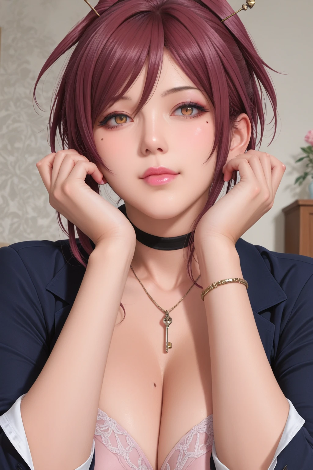 professional artwork, Intricate Details, field of view, sharp focus, detailed painting, photorealistic lighting, trending on pixiv,(masterpiece:1.0),(best_quality:1.0), ultra high res, ultra-detailed, photography, 8K, HDR, highres, absurdres:1.2, Kodak portra 400, film grain, sharp focus, bokeh:1.2, lens flare, (vibrant_color:1.2), Marie Mamiya, mature female, milf, (solo:1.4), (curvy:1.1), (red hair:1.05), hair ornament, (mole under eye:0.9), (yellow eyes:1.05), earrings, (seductive look, blush), bare shoulders, necklace, fingernails, (Large Breasts:1.15), Cleavage, big ass,((upper body, half body shot)), (black jumpsuit:1.4), (((looking at viewer:1.4)))