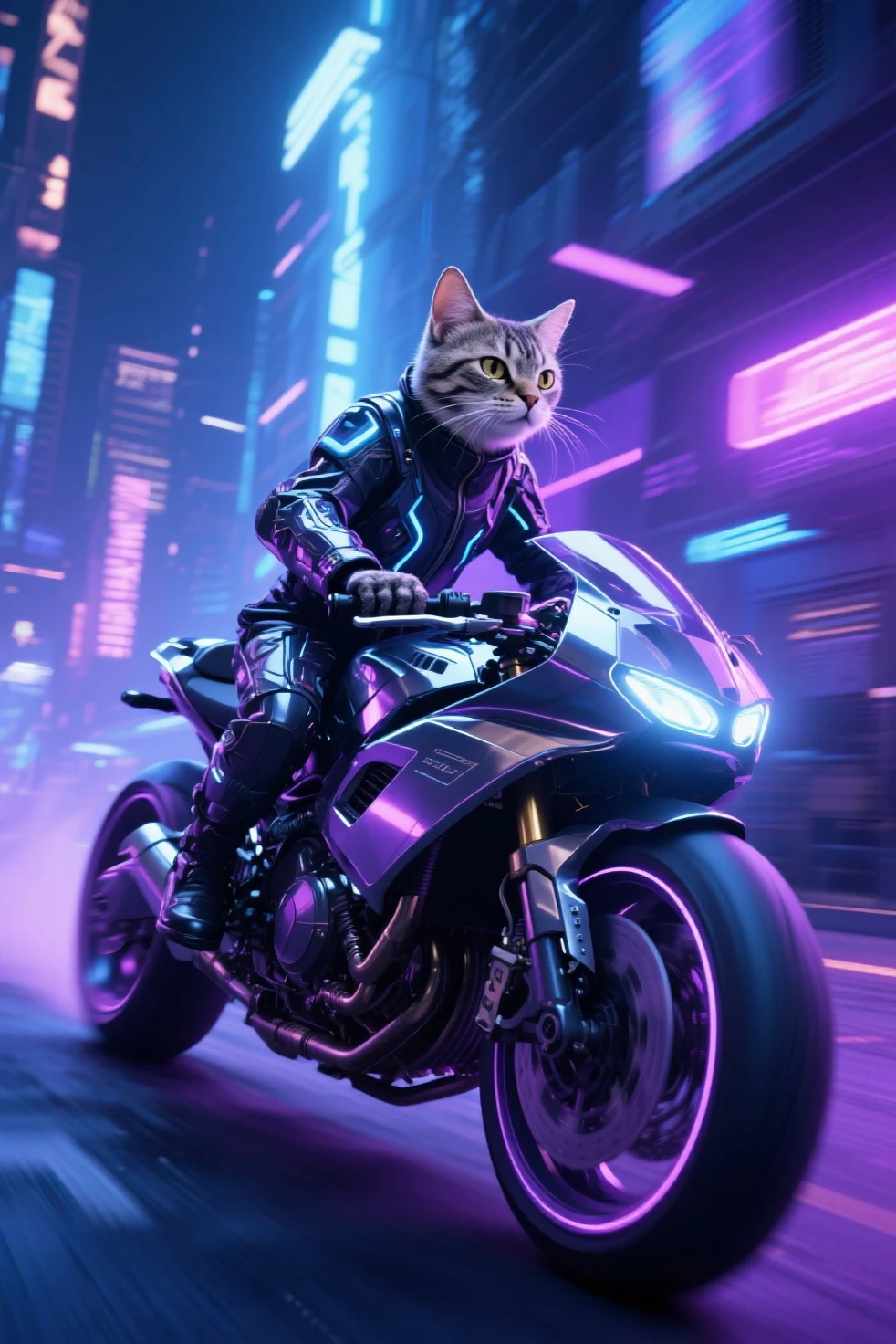 masterpiece, ultra detailed, best quality, realistic, detailed background, (side view:1.2), high angle view,(cyberpunk street, neon palette, neon lights, outdoors), depth of field, light particles, reflection, raytracing, dutch angle, solo, furry female, miqo'te, chibi, (ahoge:1.2), (whiskers:1.2), (cat eyes:1.1), cat tail, 4 fingers,((two-tone fur:1.1), white stomach fur, (light grey body fur:1.1), dark grey striped back fur, grey hair, red eyes), (MCRS, white racing suit, white biker suit, glowing),realtail,smirk, sitting on motorcycle, (goggles on head:1.1), looking back, <lora:MCRS_v1.0.safetensors:0.4:0> <lora:cyberpunk.safetensors:0.5:0> <lora:realtail from hehind.safetensors:1:1> <lora:waifu_on_Motorcycle_v2.safetensors:0.8:0.8> <lora:cateye_v100.safetensors:1:1> <lora:lora_Furry_female.safetensors:0.5:0.5> <lora:Furtastic_Detailer.safetensors:0.6:0.6>