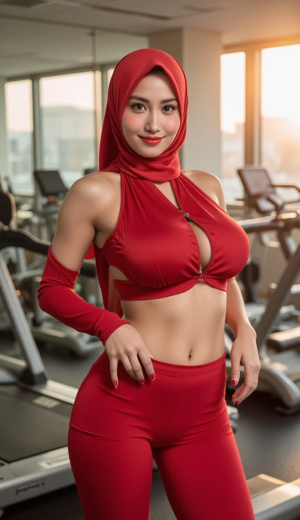 close up nabila razali working out at the gym, (nabila razali), malaysian singer, malay face, cute, ((wear hijab)), cute makeup, ((wet body like after a shower)), atmospheric lights, god rays, (small breast), flat chest, small tits, big hip, big round ass, in the background weightlifters exercising in the gym, perfect female face, ultradetailed, (wearing leather boots shorts and Red sleeveless jacket), ((naked torso)), (Muscles 1.5), ((Strong and Fitness body)), (((Extra Muscles))), smooth, High Detail, soft bokeh background,
