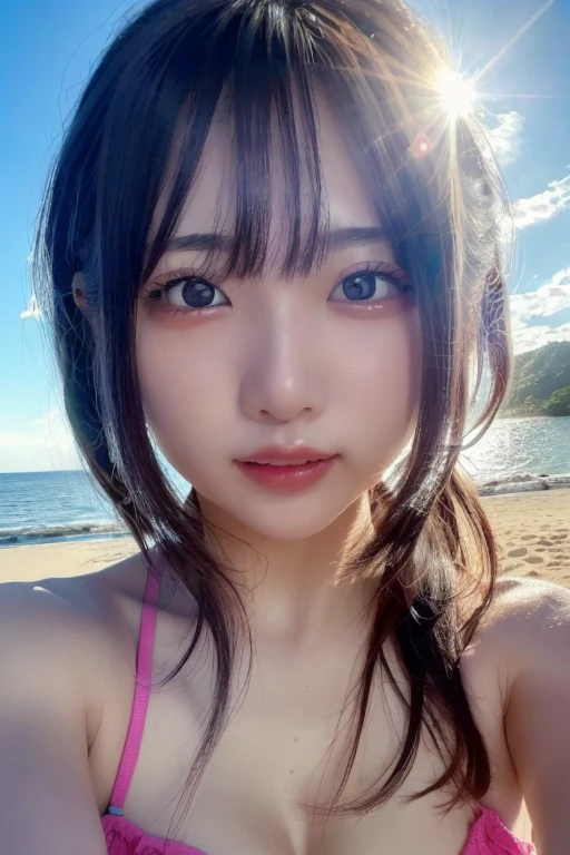 Highest quality, (beautiful)、Micro Bikini、Close-up、Larger breasts、Brown Hair、looking at the camera、Selfie、Beach、Shoot from above、Close your shoulder eyes、Wink