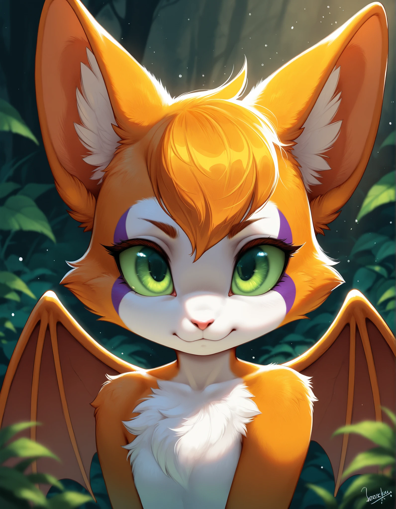 ,, masterpiece, best quality, very aesthetic, (1girl:0.7),, (solo:1.3), furry, fidget \(elysian tail\), nimbat, fidget_daet, anthro, furry female, wings, tail, green eyes, colored sclera, bat wings, facial markings, orange fur, white fur, two-tone fur,membranous wings, fluffy, portrait, big eyes, young, BREAK, masterpiece, best quality, high quality, particles effect, [:by Desubox:0.15], [:by Anchee, by Snowskau:0.55], detailed background, detailed foreground, subtle shadows, depth of field, backlighting, plant, nude