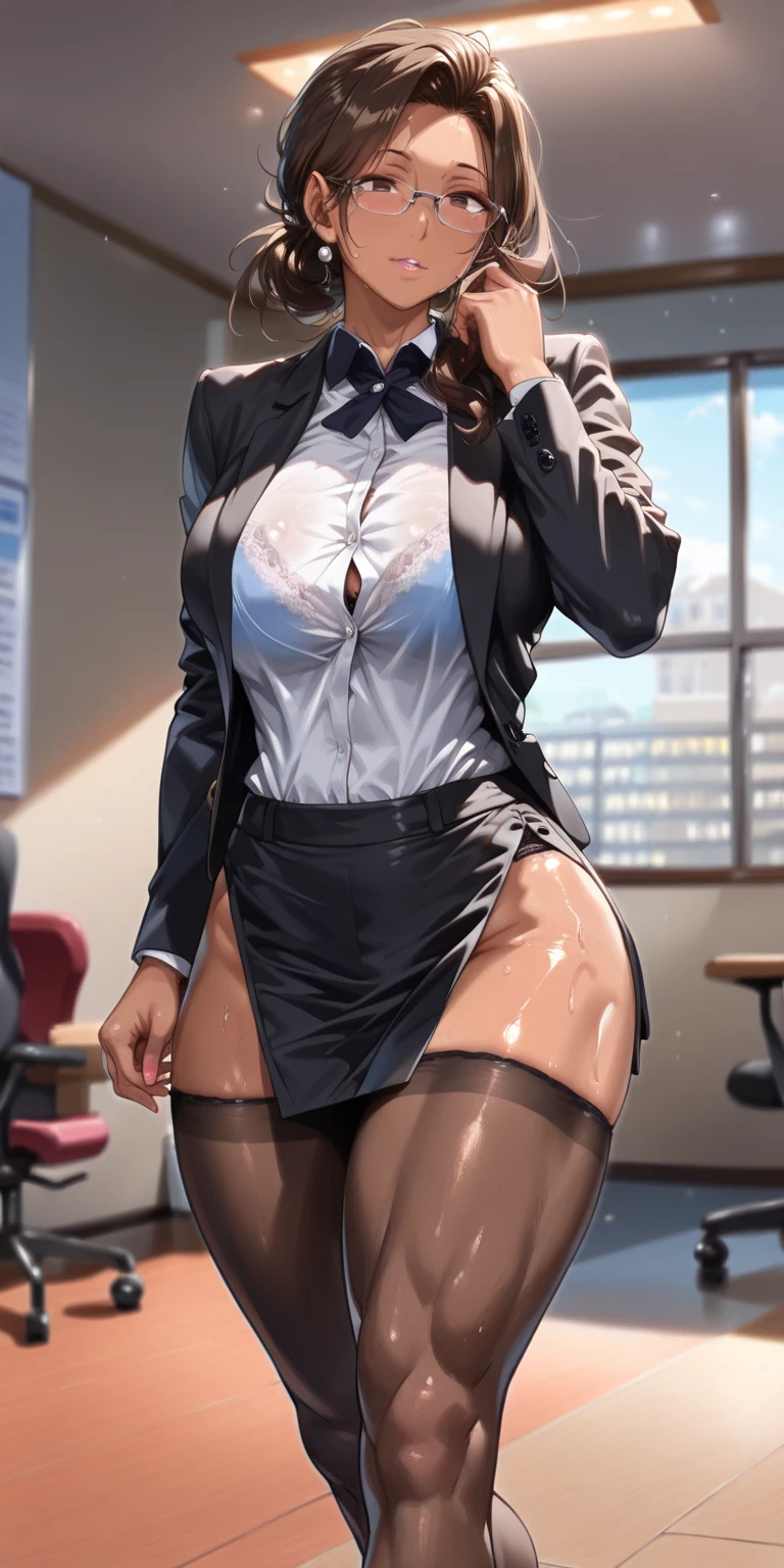 One Girl, Five Fingers, mini skirt, Looking down at the viewer, Black Hairロングヘアー, Highest quality, Focus on the thighs, Dynamic pose, smile, blazer, blouse, Black Pantyhose, panties under pantyhose, Standing Split, classroom, Black Hair, Stylish pose,My thighs and groin are steamy