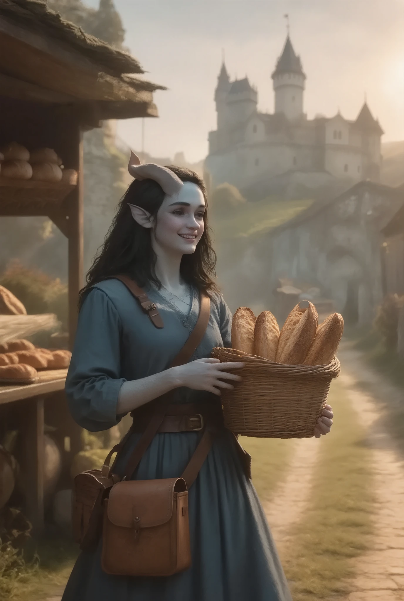 Kedra, with a leather bag on the belt, and the basket going through the country road is more expensive, in the village , loaf near a bread stand, a baker sells a, sunny morning light, the castle is visible, Fantasy style, Fantasy, masterpiece, Better quality, High quality, complex parts, clearly, style Cinematic, 16k ultra high quality resolution, smile, reaches out to the loaf, looks epic,