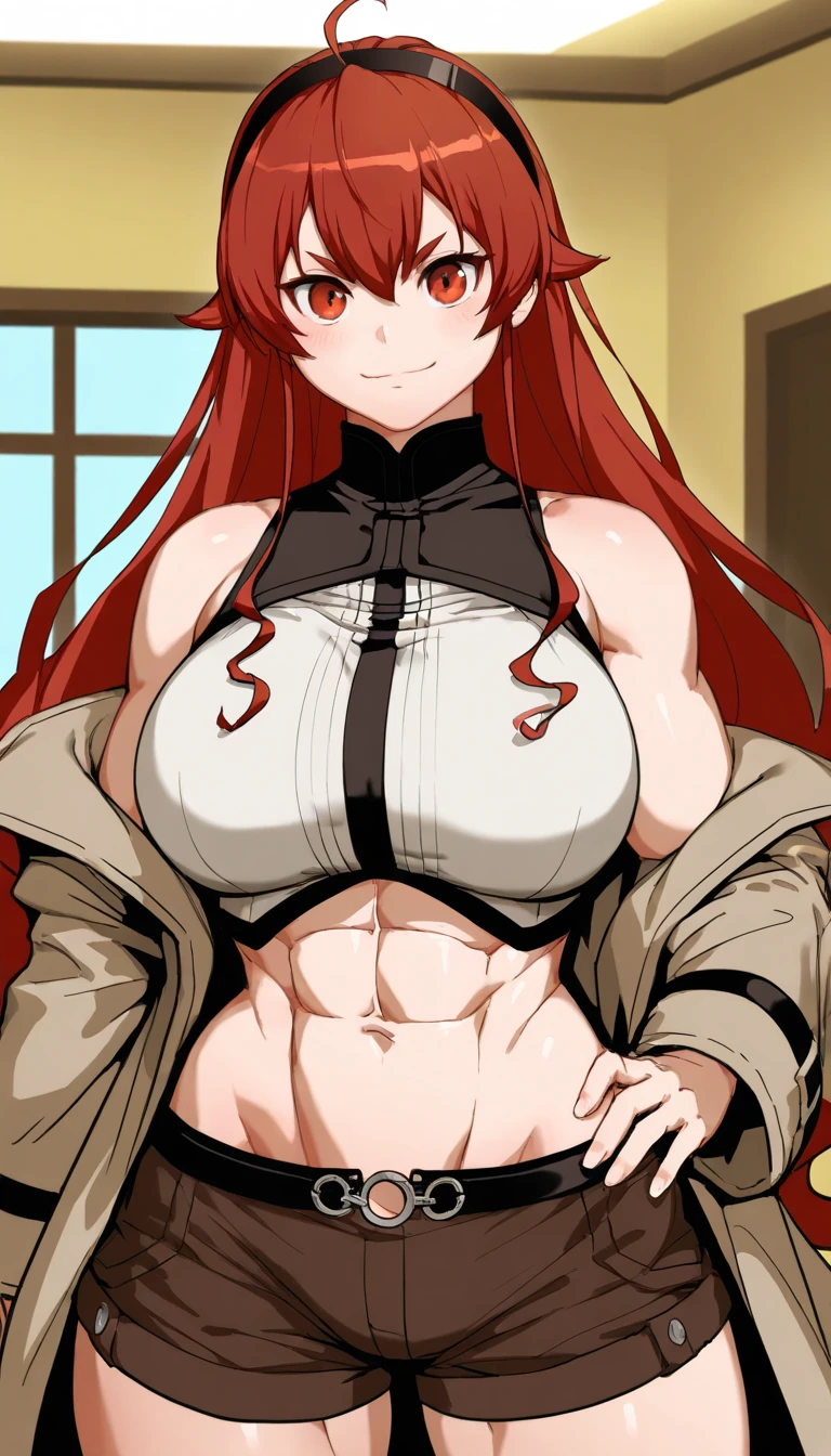 (masterpiece, best quality:1.3), ItsAjArt, 1girl, solo, looking at viewer, wide hips, mature female, closed mouth, white background, simple background, seductive smile, large breasts, cowboy shot, thick thighs, <lora:add_detail:.5>, <lora:ItsAjArt Style Lora:.85>, fuuma kotarou, yellow eyes, obliques, black pants, black halterneck, bare shoulders, underboob, revealing clothes, face mark, body mark, long hair, orange hair, muscular female, abs <lora:fuuma_kotarou:.8>
