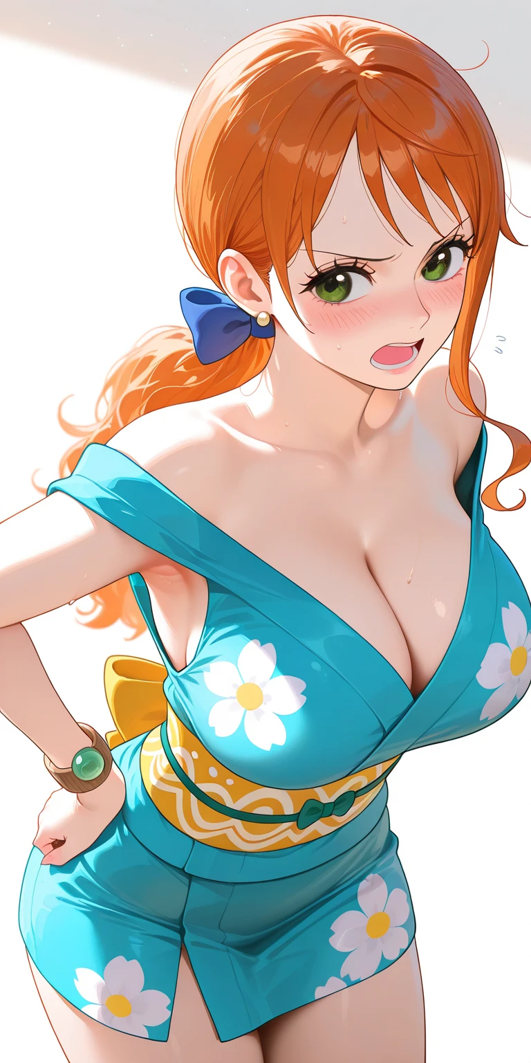 detailed background, masterpiece, 2k, center on face, nip slip, best quality, 1girl, solo, nami \(one piece\), 1girl, bangle, hands out of frame, detailed arms, strong arms, straightened arms, muscular body, flex muscles, seductive, wrestling entrance, bangs, bare shoulders, belt, bikini, bikini top only, blue sky, bracelet, breasts, brown eyes, bubble, cleavage, cloud, cowboy shot, day, denim, earrings, floating hair, green belt, green bikini, groin, jeans, jewelry, large breasts, log pose, long hair, looking at viewer, navel, orange hair, pants, shoulder tattoo, sidelocks, sky, smile, solo, standing, stomach, swimsuit, tattoo ,