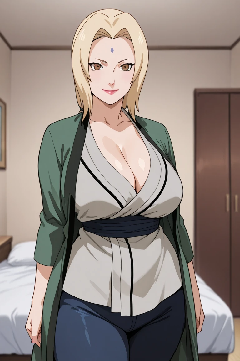 Tsunade senju,Big breast,Sagging big breast,Hitozuma,cleavage,uzumaki clan symbol in outfit,Wringkle,wedding ring,Sleeve outfit,old lady,Wringkle in face,Grandma who still have sexy body,Gilf,standing,potrait,Uzumaki tsunade,Plump,Sleeve,Wide hips,1girl,Solo,Tsunade necklace,Shirt with cleavage And uzumaki clan symbol,Double chin,Short buzzcut hair,green Pearl earring,Blush,Horny,Half open cloth,Seducing in bed,undercut fade hair,Sweat