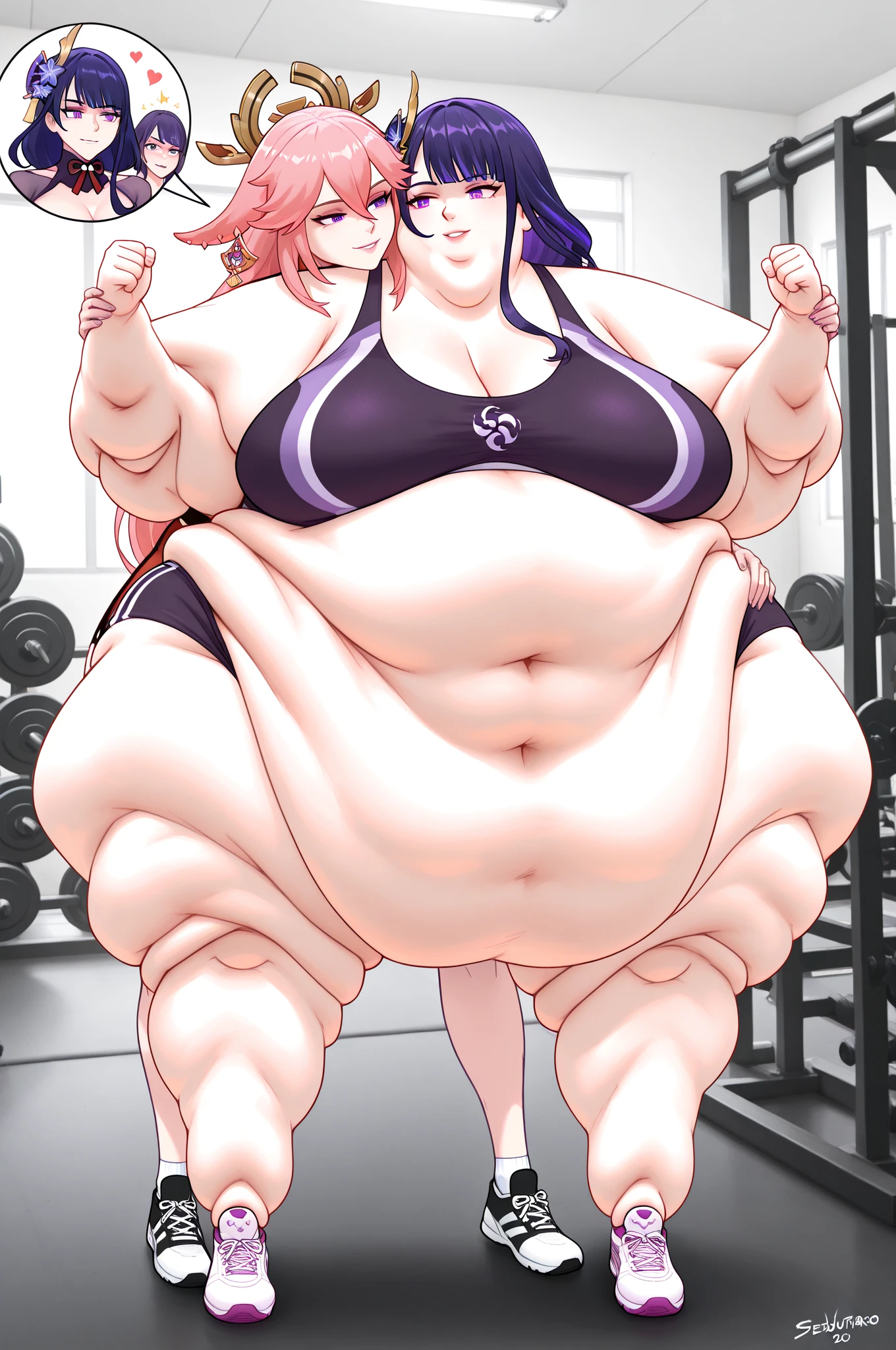 A young woman in a bikini, massive bloated overstuffed heavy protruding bulging long wide obese round belly, hyper massive fat tall wide round heart shaped bubble butt, wide fat hips, massive fat round heavy breasts, deep long pronounced cleavage, so full it hurts, gurgling fat belly, sloshing belly, distended belly, churning belly, it hurts being so full but it feel so good, squishy belly, bellies squished together, squished together, shes upset her friend isnt as fat as her, shes making her obese, wide stance, struggling to stand, fat thick thighs, leaning back trying to hold up heavy belly,