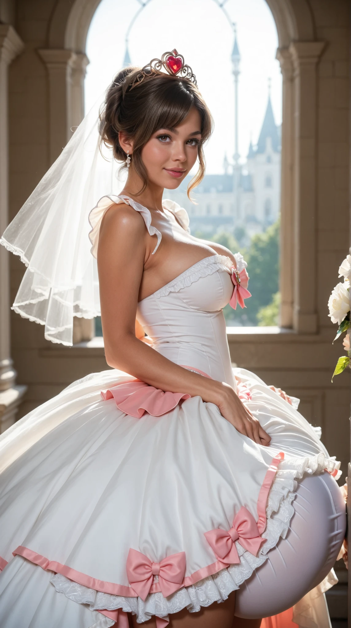 1girl, (gigantic pussy bulge:1.3), magical girl outfit, frilly wedding dress, side view, looking viewer, 