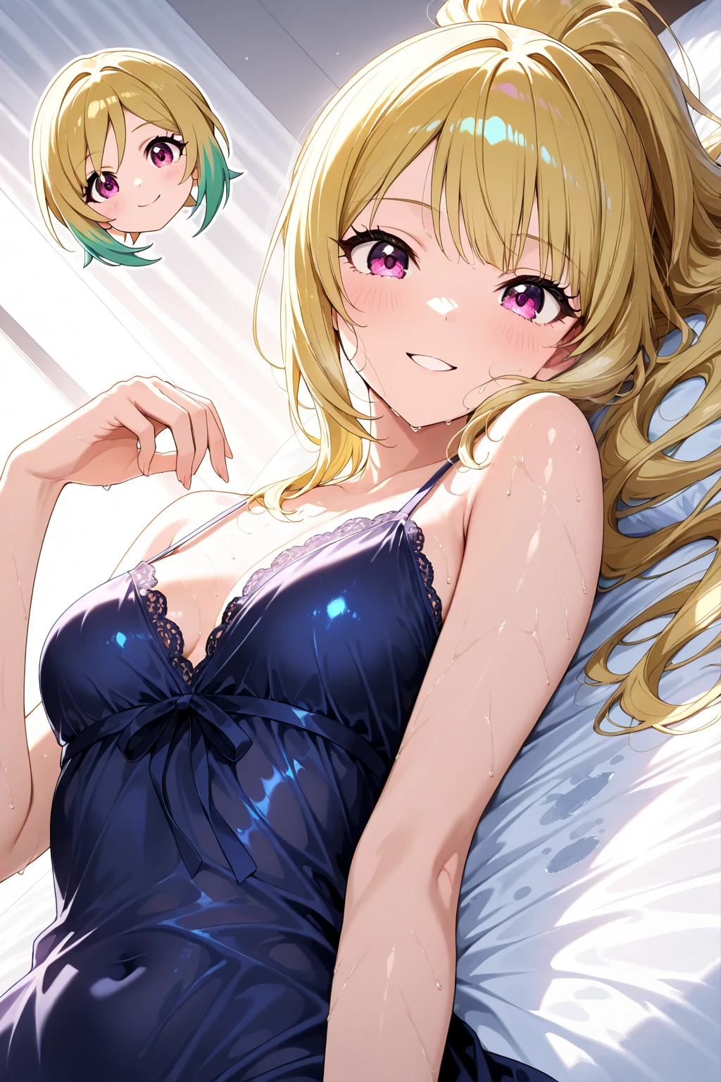 Anime girl lying on the bed in underwear., seductive anime girl, Best Anime Girl, high school, beautiful and seductive anime woman, beautiful seductive anime teen, oppai, anime hi-fructose, attractive anime girl, anime girl named lucy, female anime character, anime girls, sankaku complex anime image, (anime girl) Yamada mocking smile_yellow, 1chica , by rubio, alone, wide, hair ornament, , smile, bow, red eyes my dress darling anime, beautiful seductress anime anime