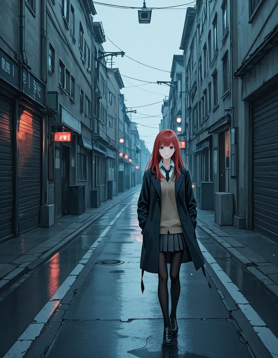Angel girl, stocking fillers, large form, pretty, stroll the night streets of the old city, nearby on the street there is a jazz bar with a neon sign in the shape, snowing, girl in a dark coat, with open neckline, red hair a little sprinkled with snow