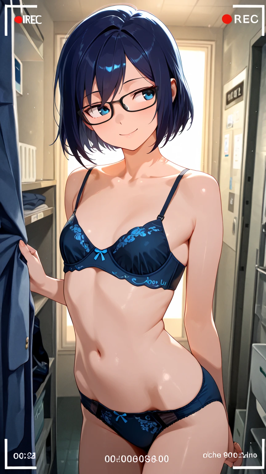 NSFW、with the best image quality、8K、teenage girl standing in the room。black bob hair、cute smile.。cute blue bra、wearing cute blue panties。