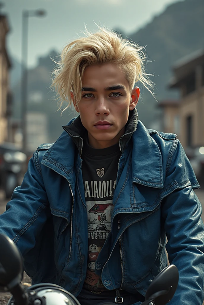 masterpiece, best quality, perfect , sidelighting, solo focus, (finely detailed eyes and detailed face), (detailed:1.3), (realistic), (tired face:1.2), ((sketch style)), ((thick outline)), 1boy, younger male, masculine, two tone hair, blond hair, black hair, short hair, ((undercut)), blue eyes, ringed eyes, shirt, shirt with a print, black shirt, jacket, baseball jacket, yellow jacket, looking to the side, blurry background, rooftop, future city