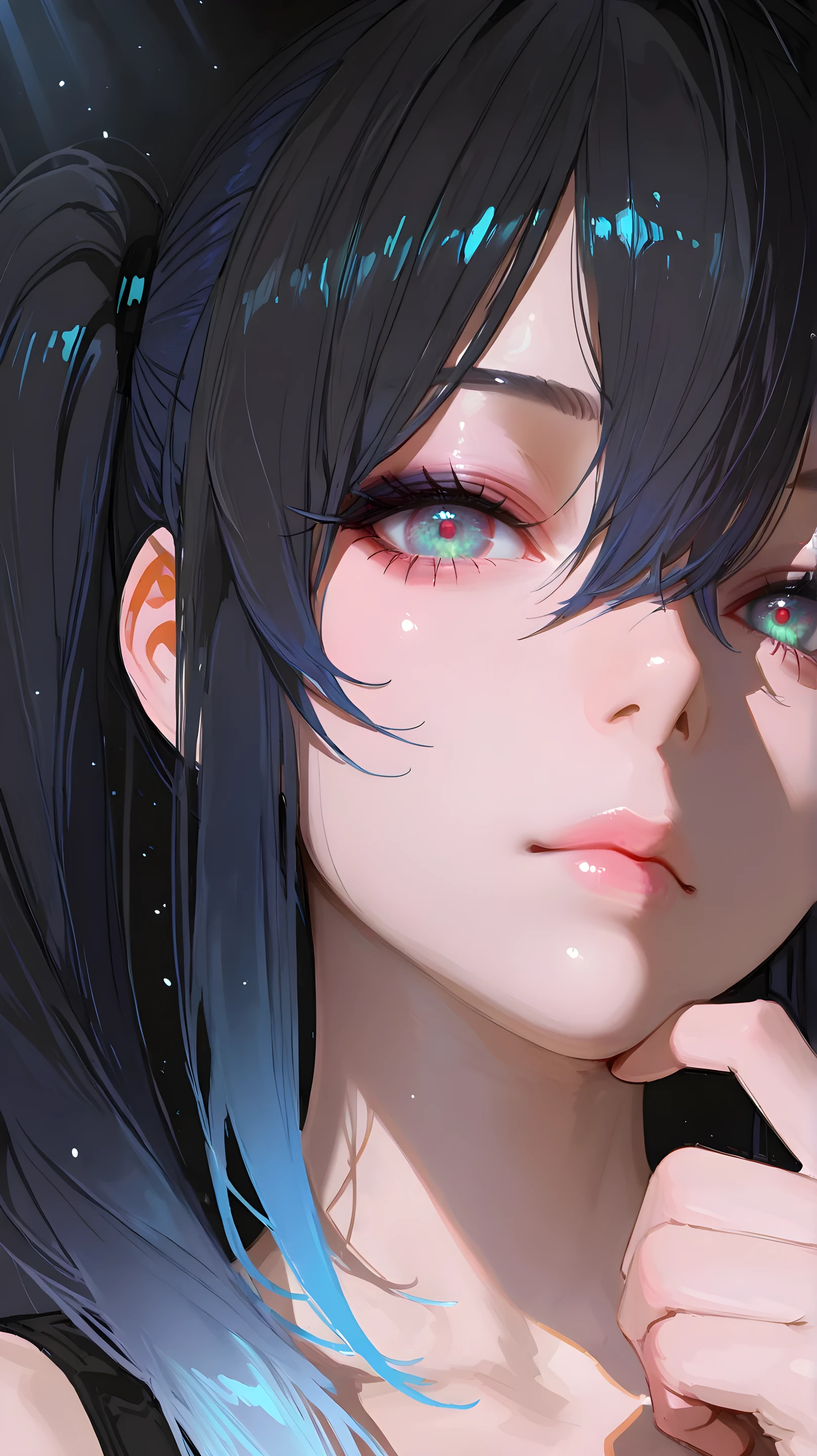 ,adult,
1woman,
masterpiece, newest,absurdres,incredibly absurdres, best quality, amazing quality, very aesthetic, realistic,
solo, looking at viewer, multicolored eyes, portrait, blood, blue hair, lips, , eyelashes, makeup, black hair, cyan hair, gradient hair, multicolored hair, hair between eyes, close-up, hand up, eye focus, glowing, long hair, closed mouth, gradient hair, (twintails:1.2), glow in the dark, masterwork, masterpiece, best quality, dynamic lighting , dynamic pose,, dynamic angle, (realistic:1.2), (lineless:1.2), detailed, beautiful color, detailed, amazing quality,light particles,lens flare,light rays