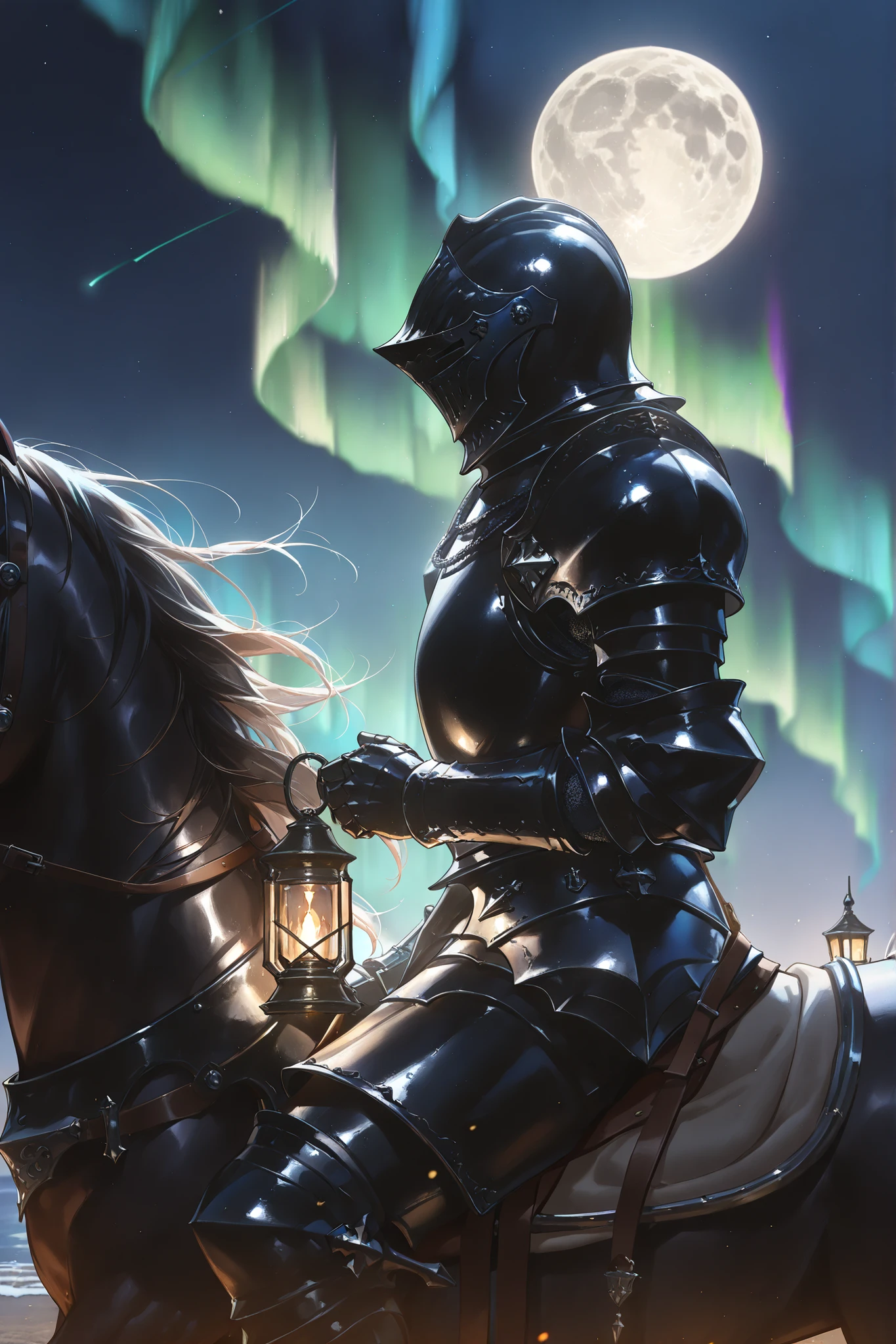 (very detailed:1.2, Masterpiece:1.2, PREMIUM QUALITY:1.2, high resolution on the coast:1.2), 1boy, knight, from side, dark armor, black armor, full armor, horse, black horse, horseback riding, lantern, gray ground, gray filed, night, full moon, Aurora