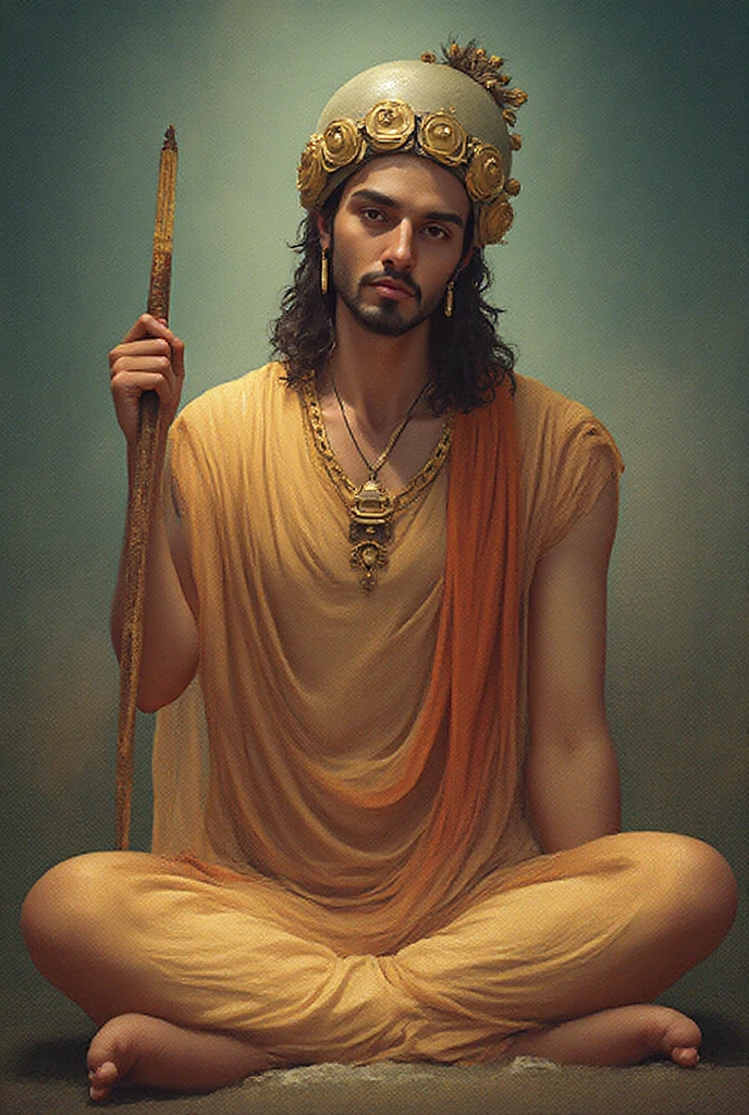 1 man, legs crossed on a lotus, hands folded, firm gaze, dressing, Gandhara style