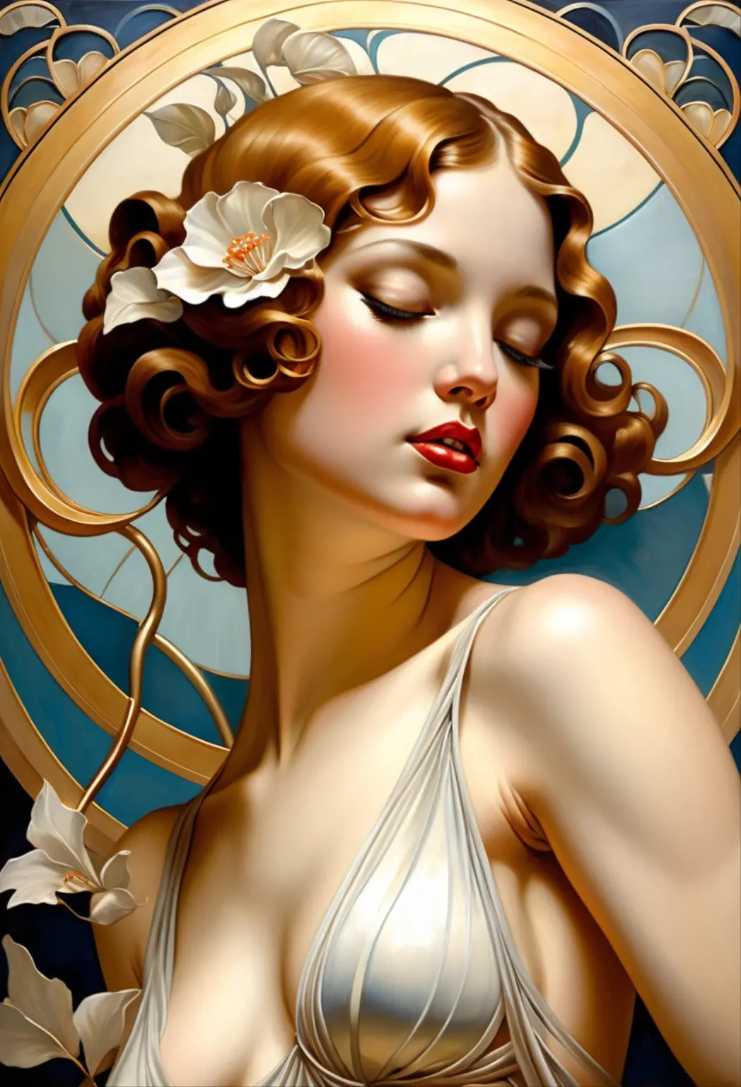 nsfw, ., . , full body , thin twenty year old woman with small breasts, art nouveau painting by alphonse mucha, Ana De Armas, woman, brunette haired, long hair,, Photograph by Mel Kilpatrick,, spring, serene, Stylist,, sexy clothes, saddle brown, sleek ,, satisfied,, wry,, twisting,, eyes half closed, curled up,, top view