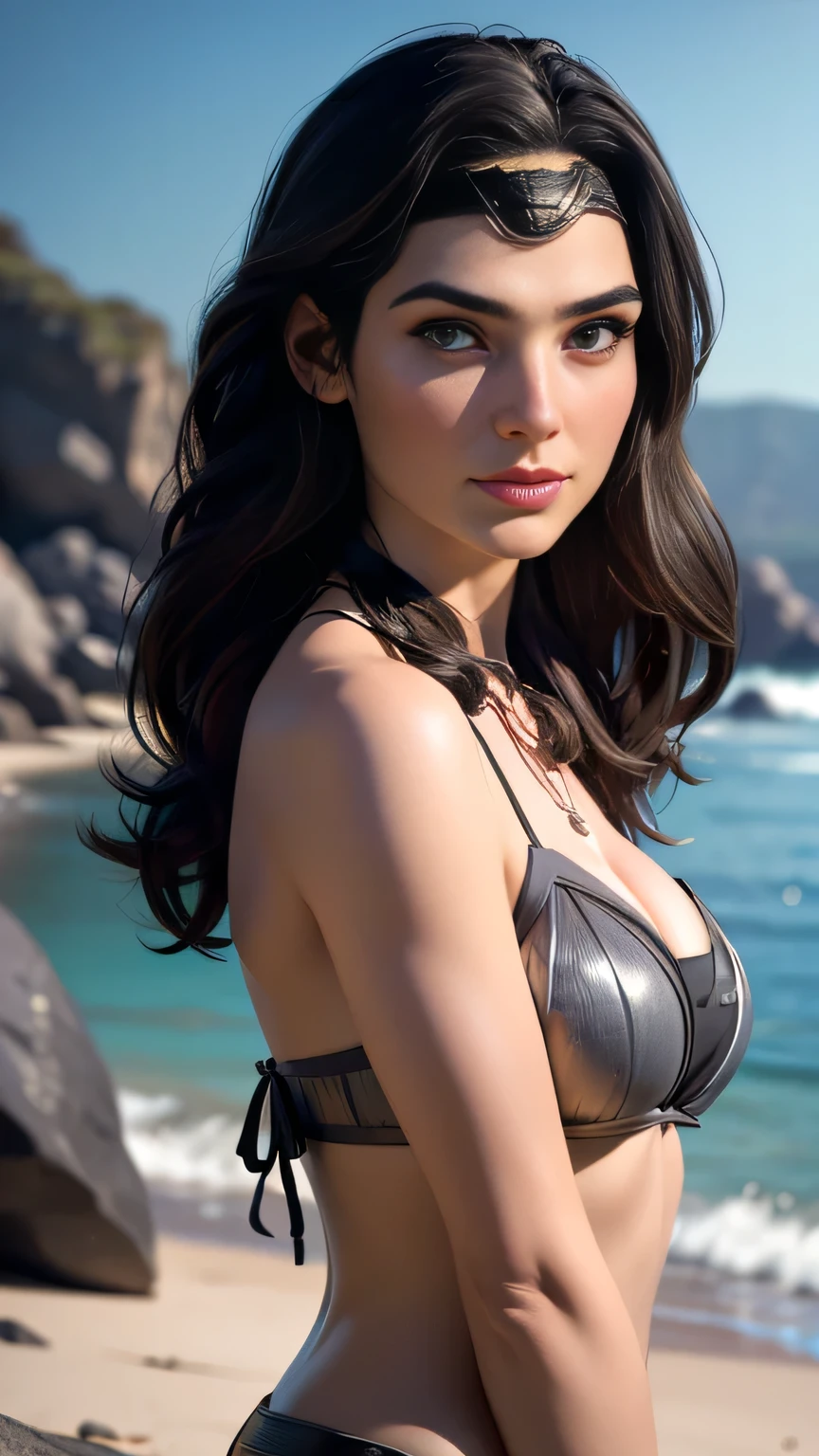 RAW digital art, close up, ultra-realistic 3D render of a stunning woman resembling Gal Gadot , ((highly detailed face:1.3)), flawless skin texture, expressive eyes with subtle reflections, soft shadows and cinematic studio lighting, Pixar-inspired style blending vibrant colors with realistic details, smooth yet detailed hair strands, perfectly portioned body, perfect breasts, cleavage, wearing a pastel floral bikini with ruffled straps, sheer chiffon beach cover-up, braided hair, seashell necklace, sandy cove with tide pools and rocky cliffs, Standing with arms slightly back, chest forward, subtle arch to create an elongated silhouette, background softly blurred with warm tones, (8K resolution, intricate textures, sharp focus)