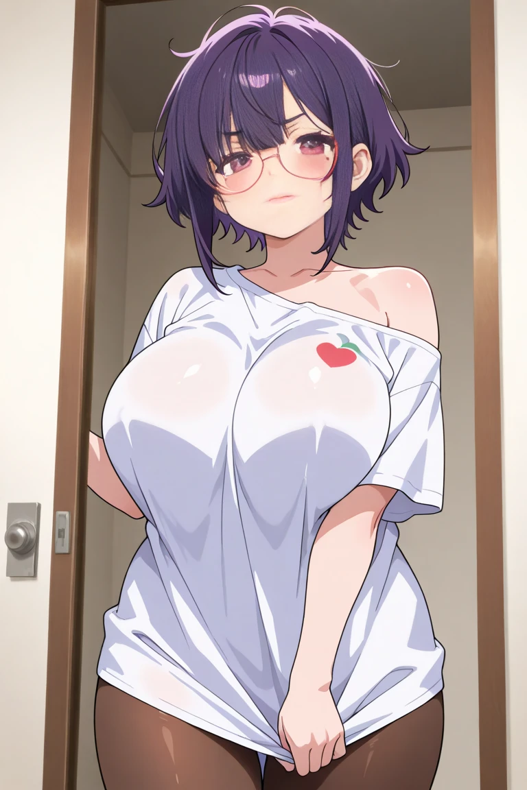 (Close-up、16K、highest quality、high detail、Rich skin details)、((nfsw))、Watch everywhere、obedience、very big breasts、blunt bangs、obesity、short hair、red eyes、blushed、((embarrassing))、A sloppy smile、big ass、very large thighs、arms behind head、swollen nipples、light blue panty、black hair、bedroom、lying on the bed