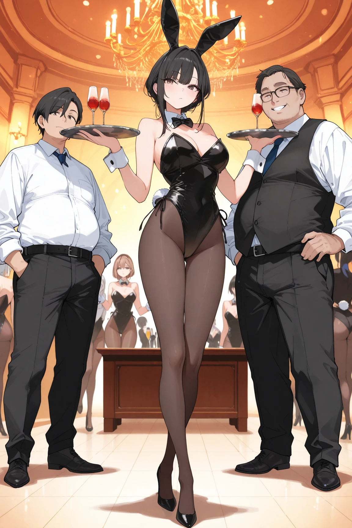 NSFW,masterpiece,Highest quality,High resolution,Very detailed,Madoka Higuchi\(The Idolmaster Shiny Colors\),short hair、Brown Hair、Purple Eyes、hairpin,(See-Through Vinyl Playboy Bunny),See-through leotard,tray,Condom box,Adult goods,Lustful face,Embarrassed,blush,casino,(Middle-aged men),Molester,(sexual harassment)