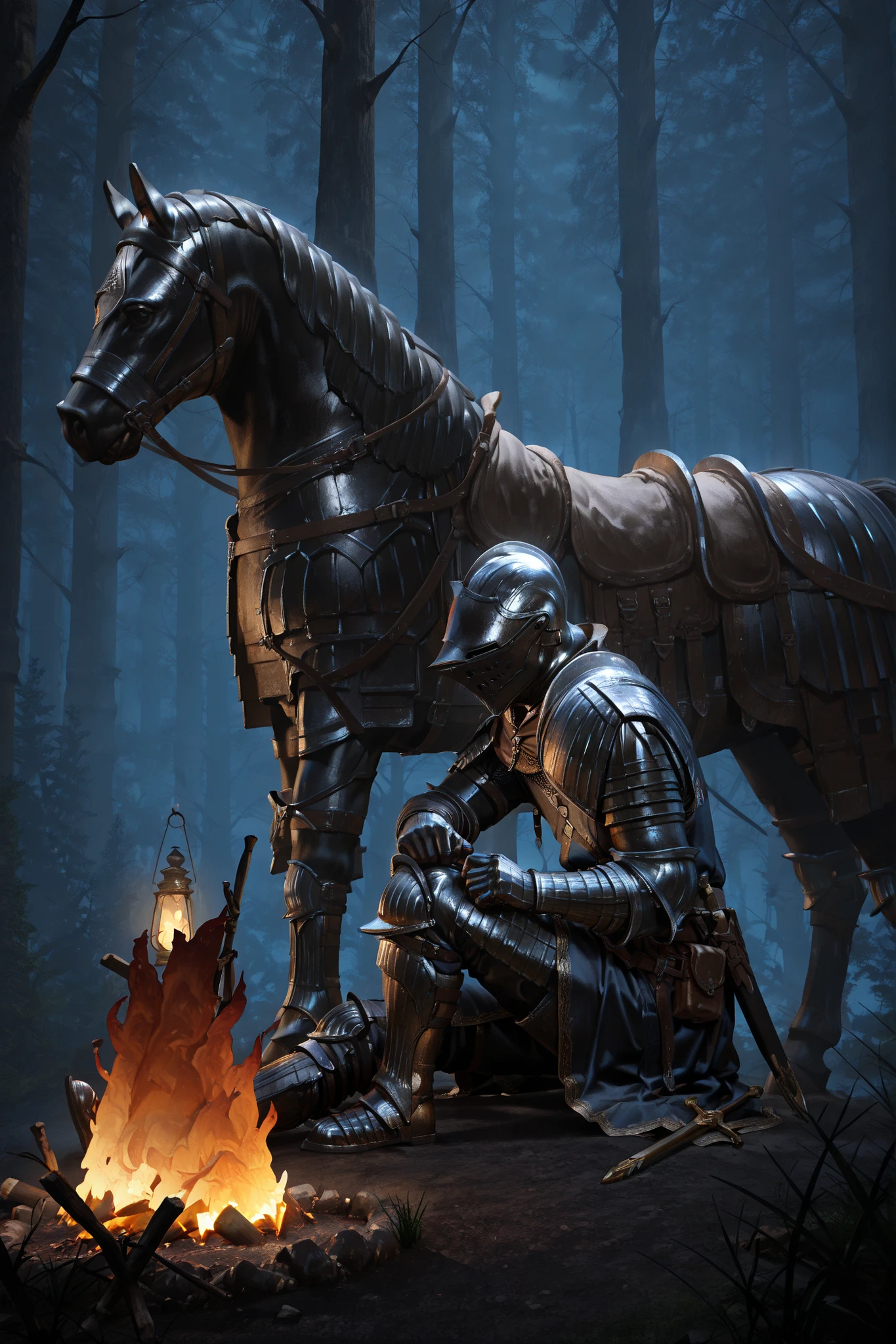 (very detailed:1.2, Masterpiece:1.2, PREMIUM QUALITY:1.2, high resolution on the coast:1.2), 1boy, knight, from side, dark armor, black armor, full armor, horse, black horse, lantern, lantern on ground, gray ground, gray filed, night, sitting, on ground, in forest, dark forest, on one knee, bonfire, dark, dark background, shadow