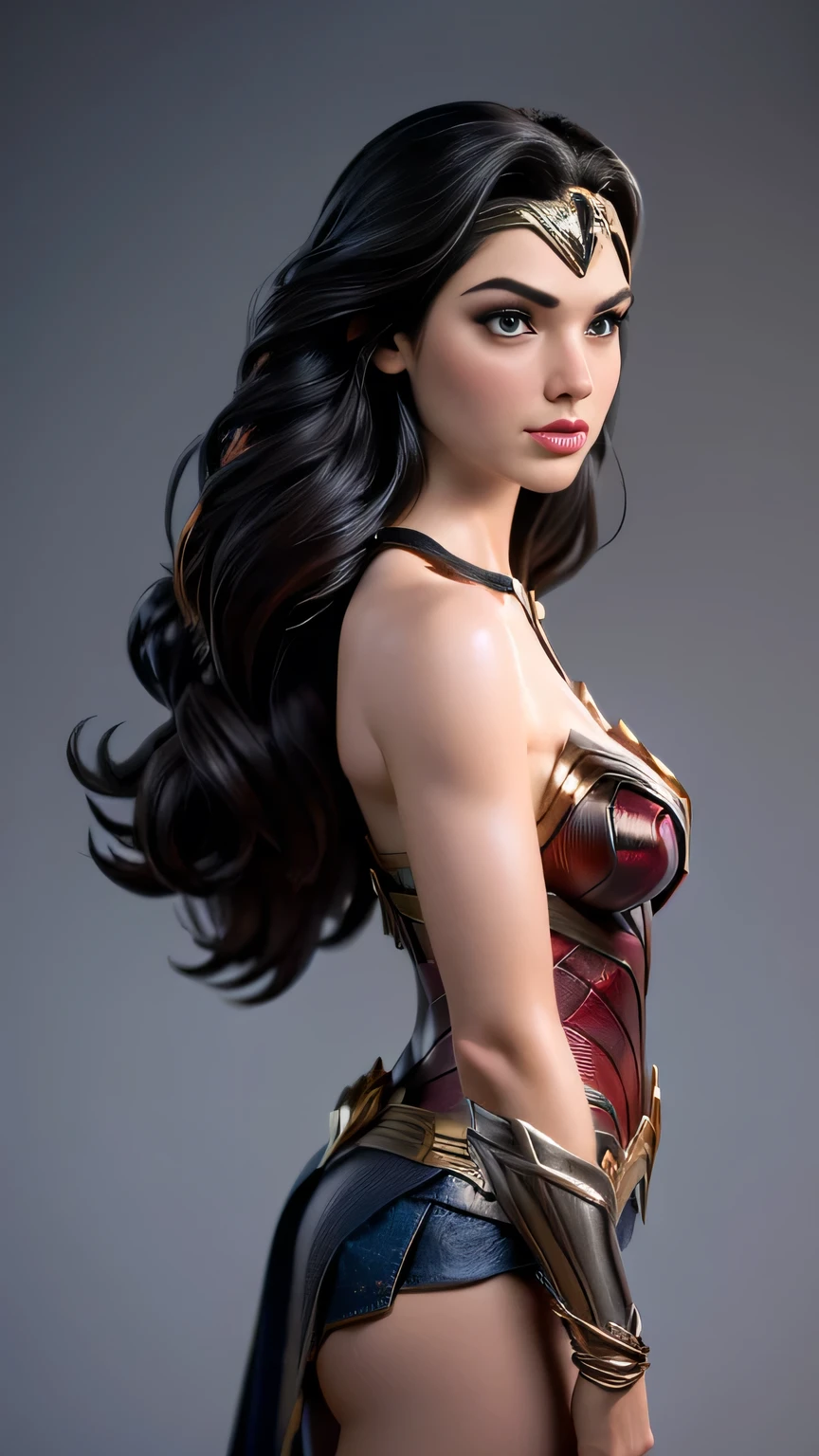 RAW digital art, close up, ultra-realistic 3D render of a stunning woman resembling Gal Gadot , ((highly detailed face:1.3)), flawless skin texture, expressive eyes with subtle reflections, soft shadows and cinematic studio lighting, Pixar-inspired style blending vibrant colors with realistic details, smooth yet detailed hair strands, perfectly portioned body, perfect breasts, cleavage, wearing a white crochet bikini, fringed kimono cover-up, layered shell bracelets, Wonder woman Crown, beachside tiki bar with bamboo stools and surfboards, Standing with arms slightly back, chest forward, subtle arch to create an elongated silhouette, background softly blurred with warm tones, (8K resolution, intricate textures, sharp focus)