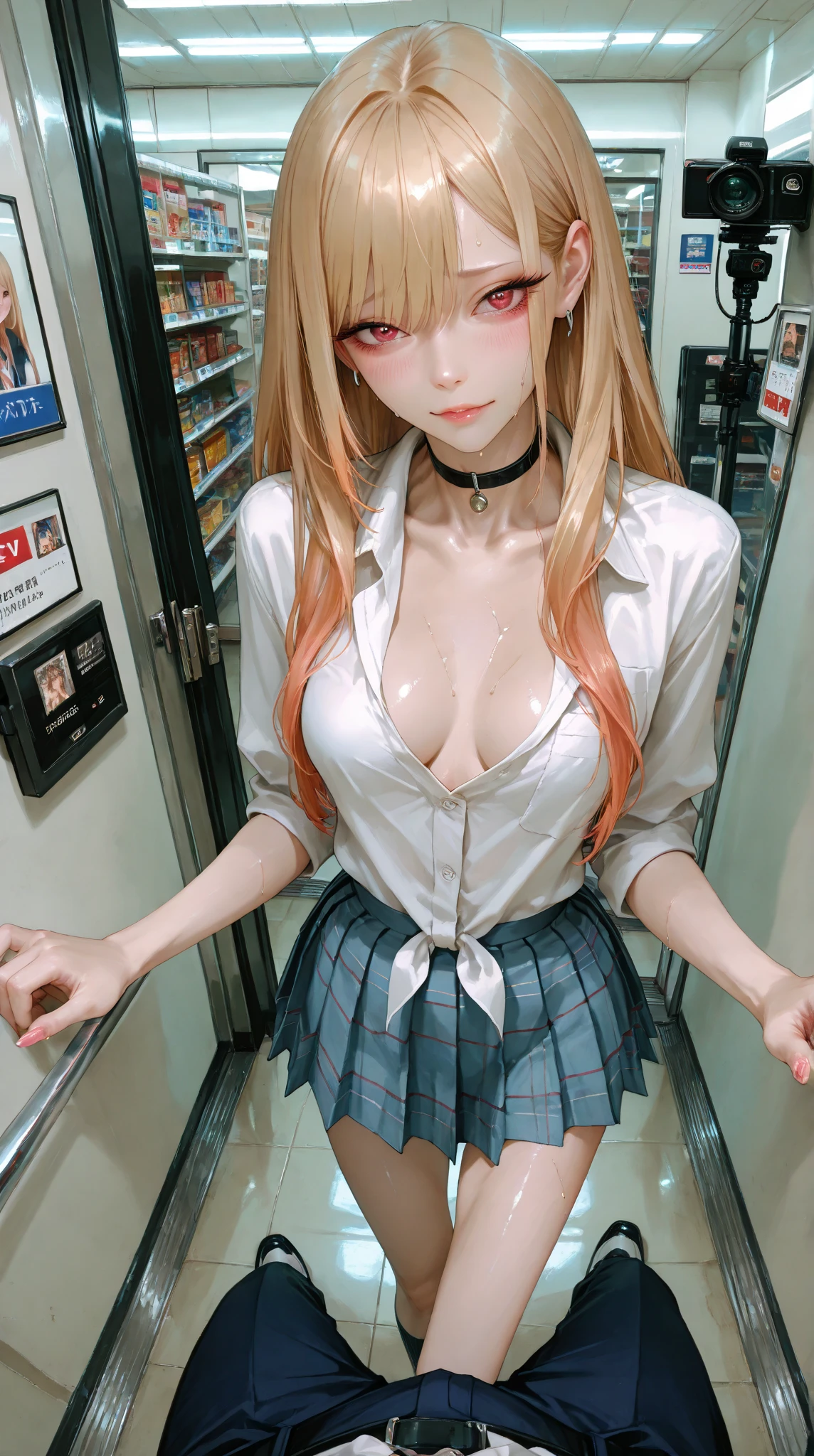 One girl,masterpiece,Highest quality,Blonde,stockings,Checked skirt),Short skirt JK,,Are standing,In total length,Medium chest,Very detailed,[[Realistic]],Beautiful and attractive anime teen,Enchanting anime girl,Swinging skirt,blue eyes, hair ornaments, Hair Ribbon,Show your forehead、Twin tails、Random color school girl uniform、Lace choker, short hair,,No bra,,Very detailed肌, Very detailed顔, (Beautiful Fine Eyes, the girl, Red cheeks) ,The girl has a toned figure., Intricate details,Closely、Embarrassed expression、blush、Shining Sweat、Perfect Skin,Sweat is noticeable in the cleavage、、Sweating on thighs is noticeable、 Fair skin,Tight waist, Sweating profusely、Sweaty hair、Sweaty clothes、Sweaty、Visible sweat、Sweat-soaked hair、Athlete System、Cherry blossoms fluttering down、Silver Hair、Night cityscape。Reflection of light、moonlight