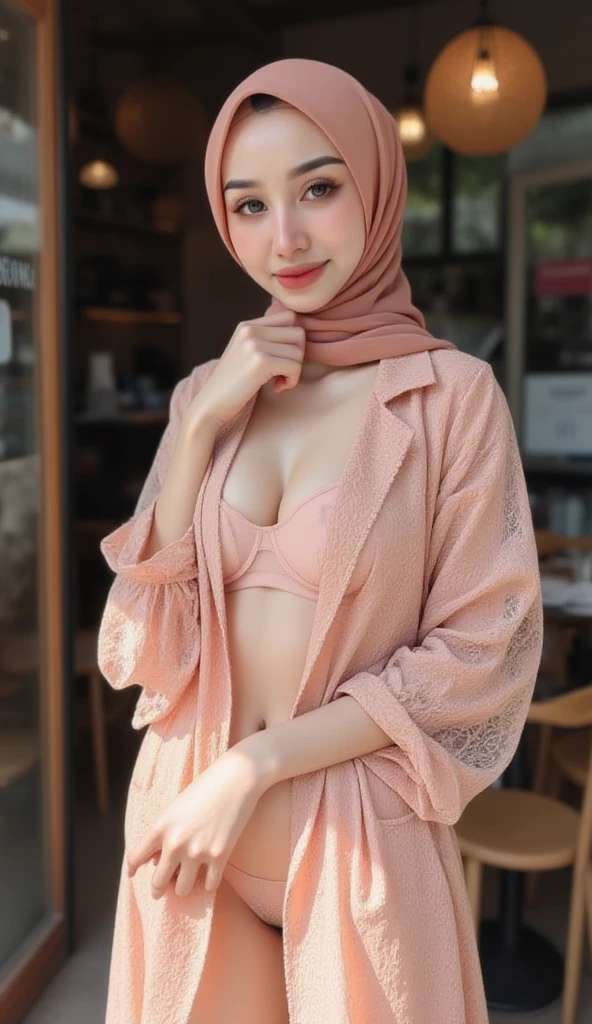 Cute korean matured women wearing hijab, loose sweater, shoulder expose, bra line esxpose, pastel color, hijab, skinny, small breast, flat chest, big hip, loose apparel, big sweater, wearing short pants, smile, sweating, wet face, detail skin, realistic skin texture, sweat, seating on gym ball,