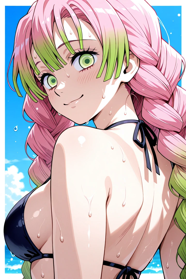 (masterpiece, best quality),  intricate details,
MitsuriKanroji,  kanroji mitsuri, 1girl, solo, long hair, winking, green eyes, pink hair, braid, green hair, twin braids, smile, cute smile, blushed smile, blush, blushing, large breast, huge breasts, bikini top, collarbone, neck, bare shoulders, pink bikini top, cleavage, top angle, shot from above, perfect shot, plain background, white background, photoshoot, complete head in frame, zoomed out, top of head, perfect shot, perfect framing, background 