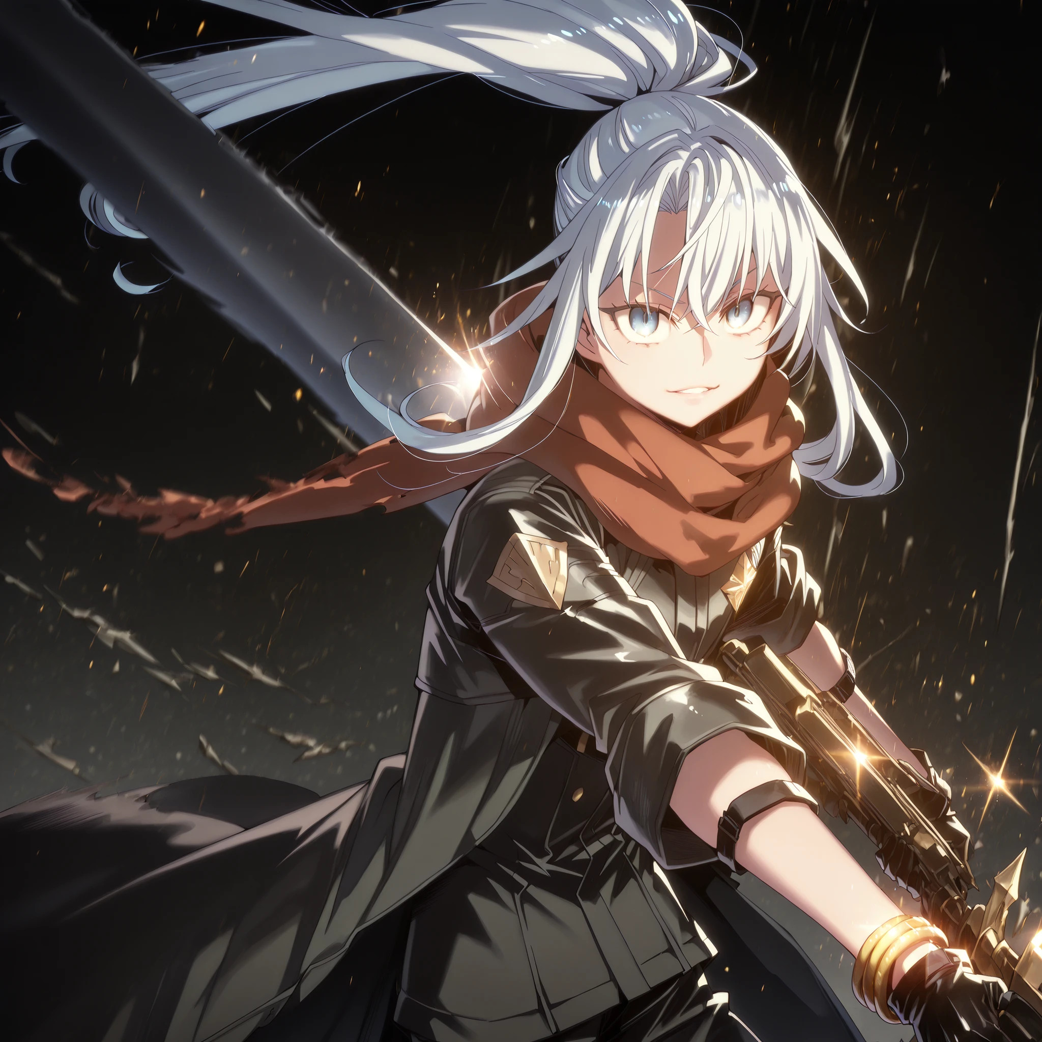 Alone, 1 boy, and short, small character; Short character, 1.50 meters tall character; and short, young character; Male character, long field tied in a long ponytail; White hair; Young and short character, similar in height to Rimuru Tempest;
Bright white hair, long bangs, hair tied in a ponytail; The character's face must be the same as Sylpha Langlis from Tensei Shitara Dai Nana Ōji; striking blue eyes; provocative face; provocative smile; perfect and beautiful face;
Perfect anatomy; Black Military Tactical Clothing, tight-fitting with gold details; Lucifer/Lucio style from Granblue Fantasy (military tactical black), exposed arms; Short body; exposed arms and shoulders; Dusk's black coat from the character "Arknights," coat falling down the arms; Black gloves covering the entire arm with gold bracelets on the wrists;
Holding a large, gigantic, completely black sword, greatsword field longer than the character's height, black blade;
Black background, attack stance (holding a large, gigantic, completely black sword, greatsword field longer than the character's height, black blade); Black military tactical clothing, fitted to the body with gold details, Lucifer/Lucio style from Granblue Fantasy (military tactical black), exposed arms, short body, exposed arms and shoulders; Dusk's black coat from the character "Arknights", coat falling down the arms, black gloves covering the entire arm with gold bracelets on the wrists;
Flashy pose, looking at the viewer, provocative smile, confident, young boy, long red scarf around the neck; character is a male character, similar in height to Rimuru Tempest;