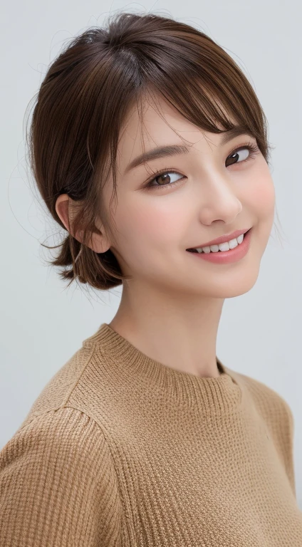 alone,( and provocative smile), (Shiny skin:1.05),(blush:0.9),(Skin Dentition:1.15),Realism, masterpiece, Highest quality, High resolution,Confused, (Perfect Face:1.1),Highest quality,SLR,Feels good, atmosphere,light makeup, lips,diagonal bangs, beauty,Berry Short,Shortcuts,short hair,Creating Bangs,Natural soft light,One Girl,depereblanca,Gazing into the distance,Duck mouth,Thin and fine eyebrows,Brown eyes,expensive,A  of the right size and shape,("You can see the shape of the .",PurerosFace,Cowboy Shot,necklace,clock,18-year-old,young woman,Grey Turtleneck Knit T-Shirt,silk,cashmere,Smooth fabric,Calm fashion,tight,Thighs,Clean office,Big Blind,White wall,There is a large window on the wall,Big office,Expensive ceiling,Profound writing,,landscape,Protruding ,