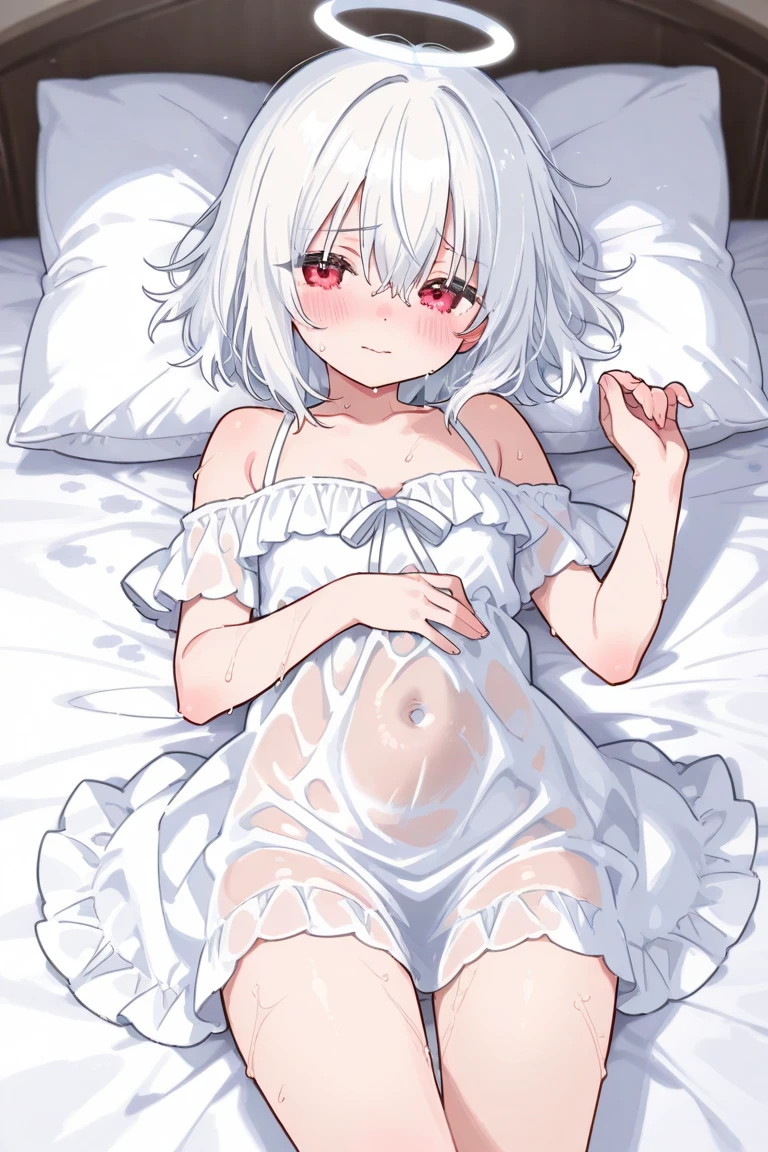 1girl, (loli), cute daughter, happy, short hair, twintail hair, cute pink mini dress, upskirt, spread cameltoe, (((cum))), (((((cum inside white panties side tie))))), lying, bedroom background