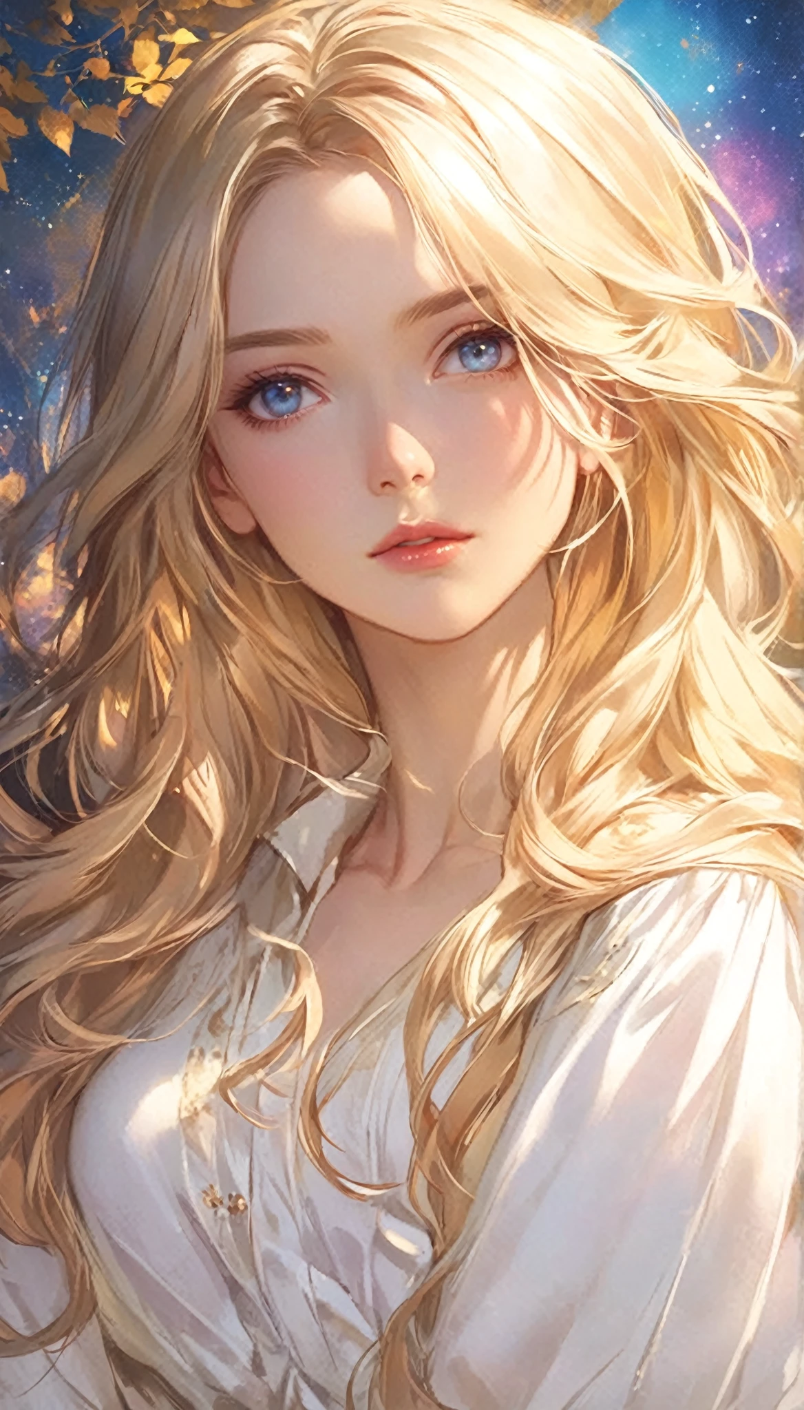 A photorealistic portrait of a 21-year-old French girl with long, flowing blond hair and striking clear eyes. She should have a natural, approachable expression and be illuminated by soft, golden-hour sunlight. The background should be a scenic outdoor setting, perhaps a sunlit park or beach. Capture this image with a high-resolution photograph using an 85mm lens for a flattering perspective.
