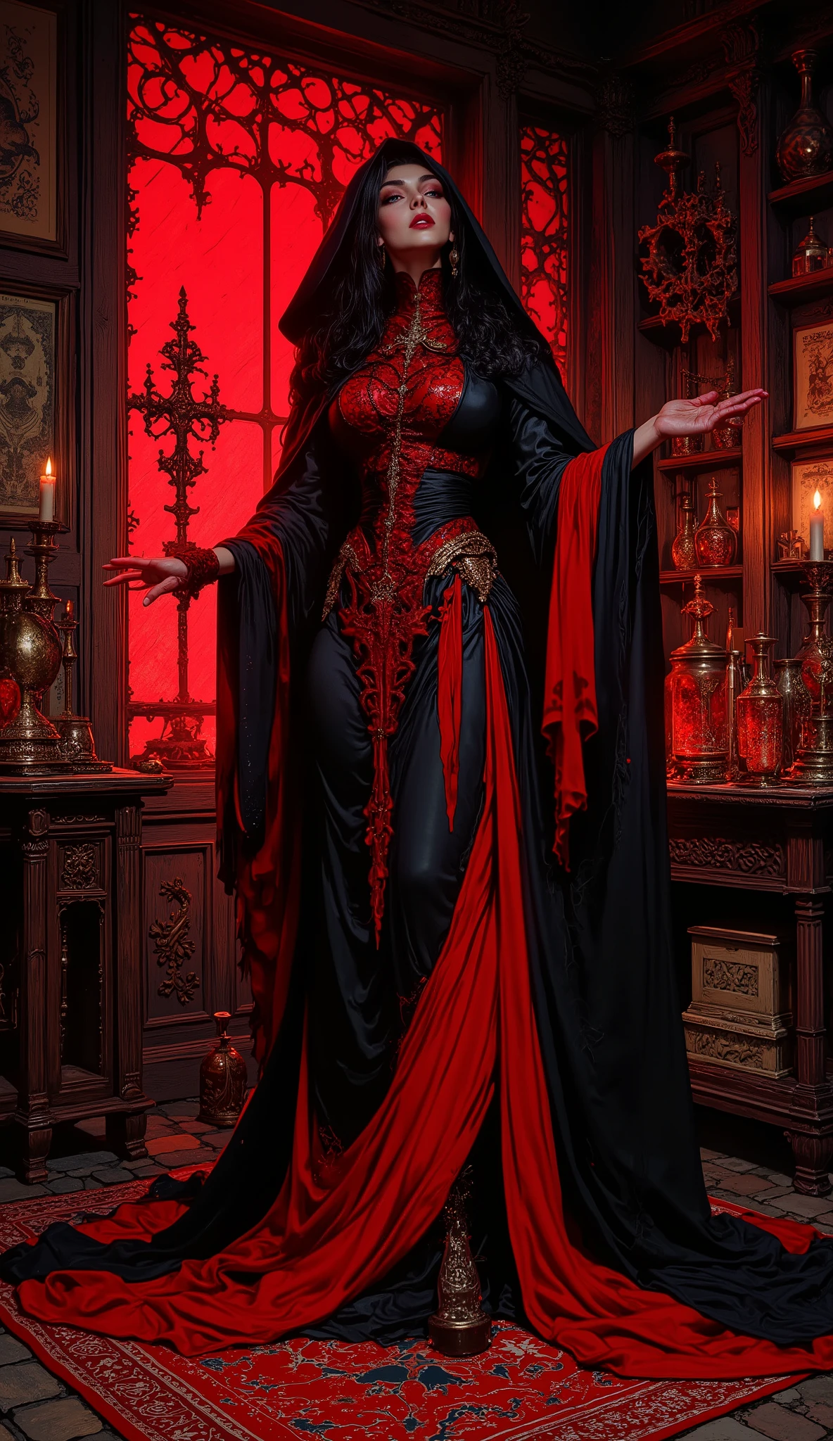 illustration, Kawajiri Yoshiaki's highly detailed visual style; HR Geiger Organic style
, the woman is fully in the frame, in the image and clothes of a witch, she uses dynamic gestures to conjure the deadly magic of a red with black color, looks very seductive and sexy, feminine, against the interior of an old alchemist's shack by candlelight, twilight, hard light , presentation style hand-drawn digital painting