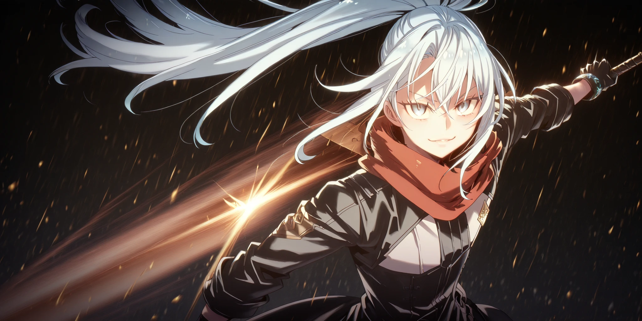 One short male character, around 1.50 meters tall, similar in height to Rimuru Tempest. Adolescent boy with youthful, provocative face — same face style as Sylpha Langlis from Tensei Shitara Dai Nana Ōji. Long, bright white hair tied in a high ponytail, long bangs framing the face. Striking blue eyes, confident and provocative smile. Perfect and beautiful face, perfect anatomy.
Wearing tight black military tactical outfit with gold details — similar to Lucifer/Lucio from Granblue Fantasy — exposing arms and shoulders. Long black coat (like Dusk from Arknights) falling loosely down the arms. Full black gloves with golden bracelets at the wrists.
Character is holding a huge black greatsword, taller than himself. Blade is entirely black. Attack stance, flashy pose, facing the viewer with a smirk. Long flowing red scarf around his neck. Confident, powerful presence despite small stature.
Black background. Emphasize dramatic lighting, cinematic mood, and dynamic energy.