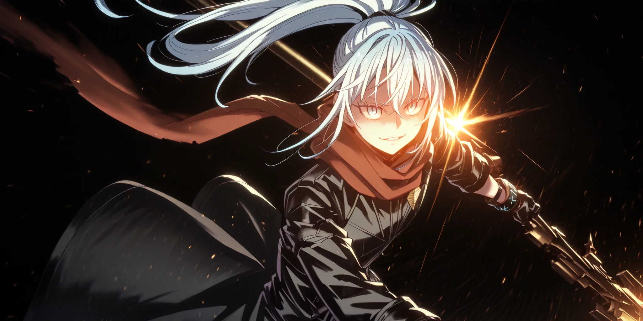 One short male character, around 1.50 meters tall, similar in height to Rimuru Tempest. Adolescent boy with youthful, provocative face — same face style as Sylpha Langlis from Tensei Shitara Dai Nana Ōji. Long, bright white hair tied in a high ponytail, long bangs framing the face. Striking blue eyes, confident and provocative smile. Perfect and beautiful face, perfect anatomy.
Wearing tight black military tactical outfit with gold details — similar to Lucifer/Lucio from Granblue Fantasy — exposing arms and shoulders. Long black coat (like Dusk from Arknights) falling loosely down the arms. Full black gloves with golden bracelets at the wrists.
Character is holding a huge black greatsword, taller than himself. Blade is entirely black. Attack stance, flashy pose, facing the viewer with a smirk. Long flowing red scarf around his neck. Confident, powerful presence despite small stature.
Black background. Emphasize dramatic lighting, cinematic mood, and dynamic energy.