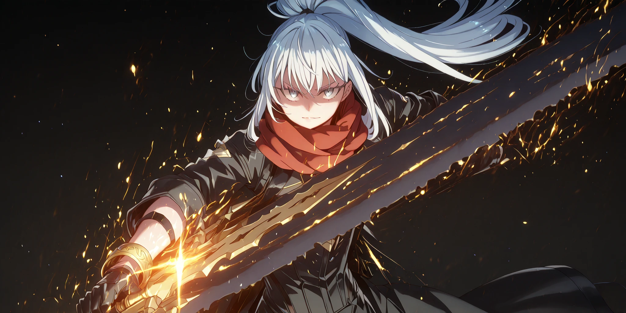 One short male character, around 1.50 meters tall, similar in height to Rimuru Tempest. Adolescent boy with youthful, provocative face — same face style as Sylpha Langlis from Tensei Shitara Dai Nana Ōji. Long, bright white hair tied in a high ponytail, long bangs framing the face. Striking blue eyes, confident and provocative smile. Perfect and beautiful face, perfect anatomy.
Wearing tight black military tactical outfit with gold details — similar to Lucifer/Lucio from Granblue Fantasy — exposing arms and shoulders. Long black coat (like Dusk from Arknights) falling loosely down the arms. Full black gloves with golden bracelets at the wrists.
Character is holding a huge black greatsword, taller than himself. Blade is entirely black. Attack stance, flashy pose, facing the viewer with a smirk. Long flowing red scarf around his neck. Confident, powerful presence despite small stature.
Black background. Emphasize dramatic lighting, cinematic mood, and dynamic energy.
