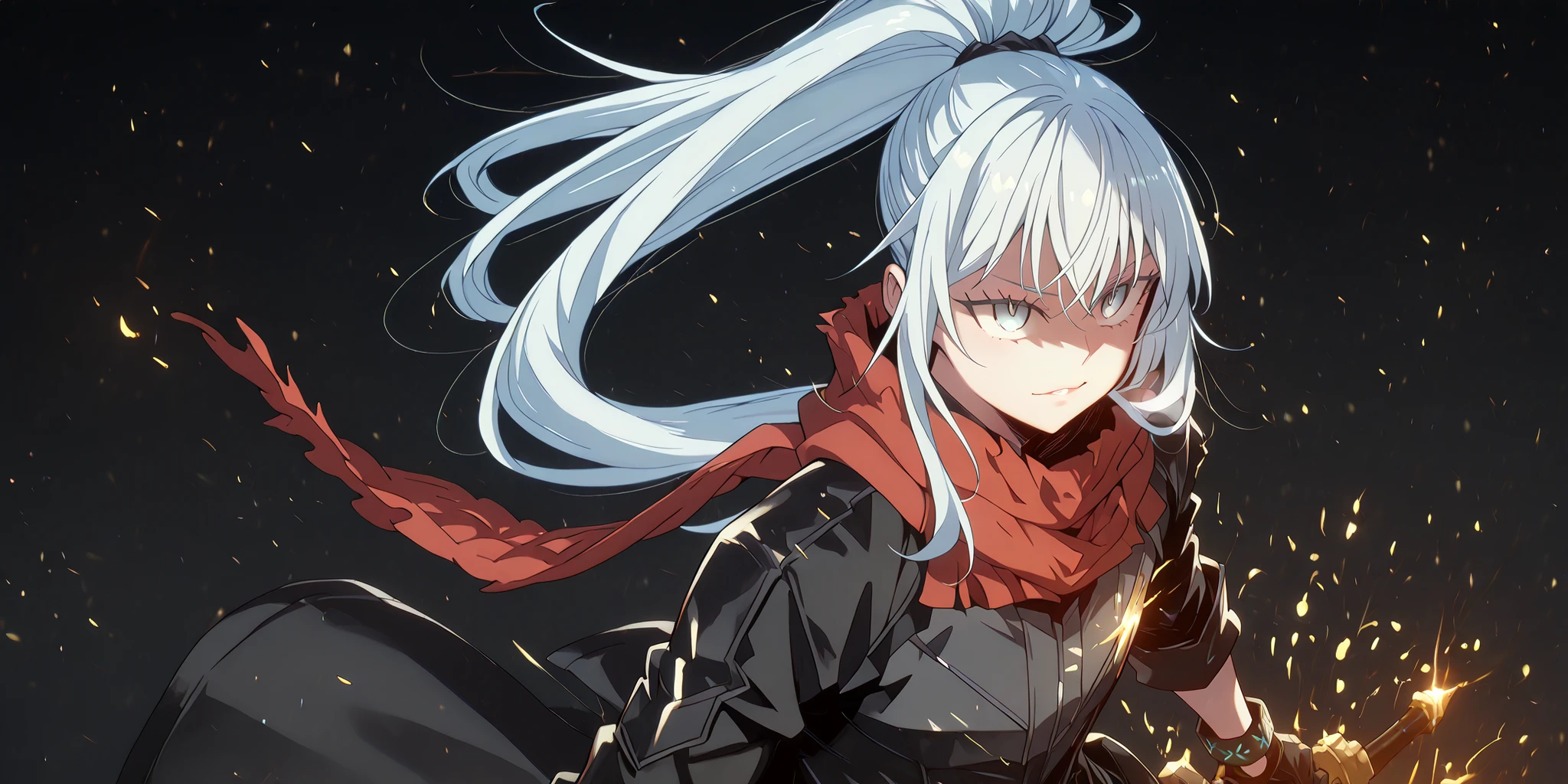 One short male character, around 1.50 meters tall, similar in height to Rimuru Tempest. Adolescent boy with youthful, provocative face — same face style as Sylpha Langlis from Tensei Shitara Dai Nana Ōji. Long, bright white hair tied in a high ponytail, long bangs framing the face. Striking blue eyes, confident and provocative smile. Perfect and beautiful face, perfect anatomy.
Wearing tight black military tactical outfit with gold details — similar to Lucifer/Lucio from Granblue Fantasy — exposing arms and shoulders. Long black coat (like Dusk from Arknights) falling loosely down the arms. Full black gloves with golden bracelets at the wrists.
Character is holding a huge black greatsword, taller than himself. Blade is entirely black. Attack stance, flashy pose, facing the viewer with a smirk. Long flowing red scarf around his neck. Confident, powerful presence despite small stature.
Black background. Emphasize dramatic lighting, cinematic mood, and dynamic energy.