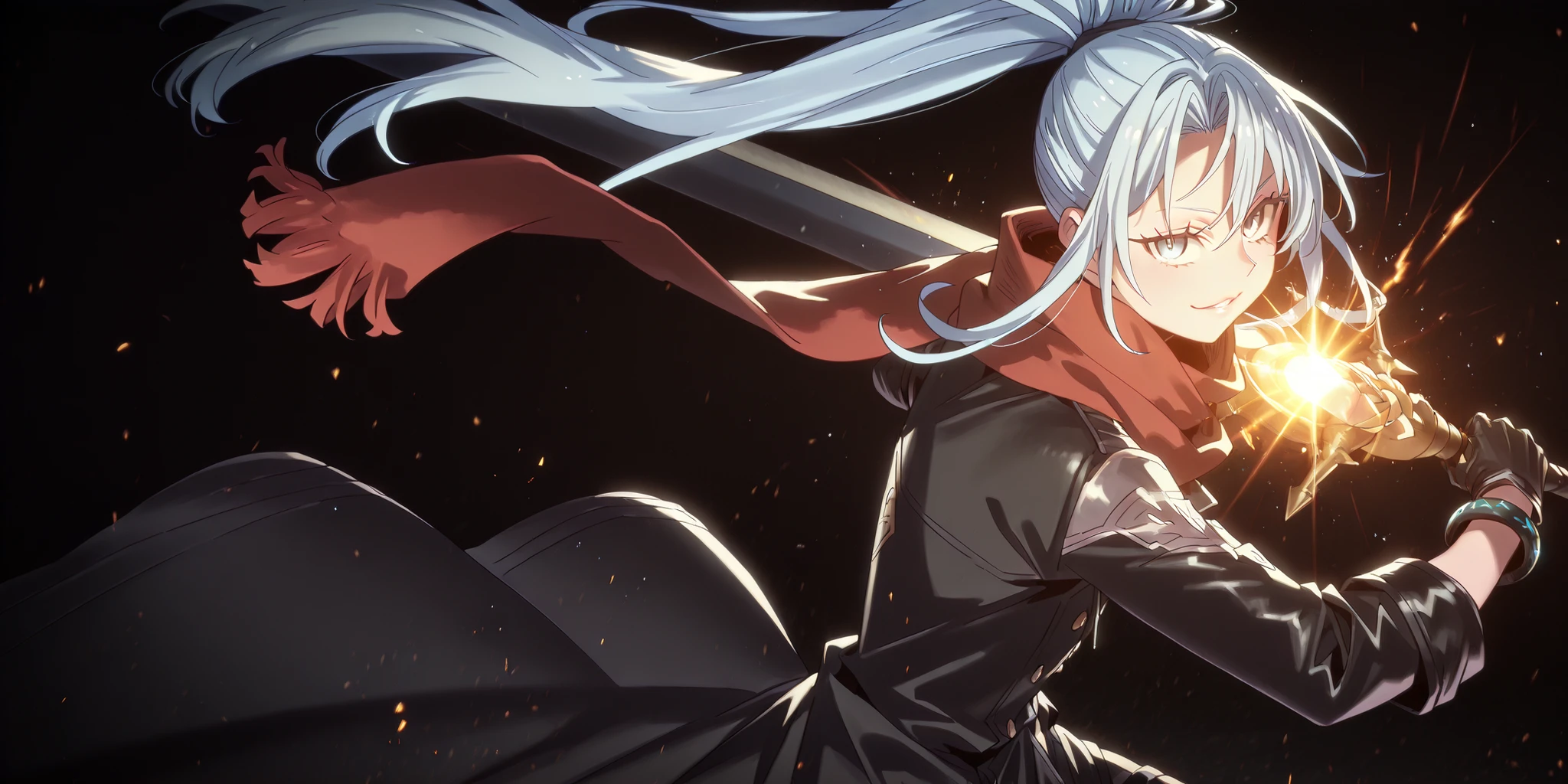 Short male character, young adolescent boy, around 1.50 meters tall, similar in height to Rimuru Tempest. Despite having a feminine and delicate appearance, the character is clearly male. He has the same face and hairstyle as Sylpha Langlis from Tensei Shitara Dai Nana Ōji — bright white hair, long bangs, and hair tied in a high ponytail. His face is perfect and beautiful, with striking blue eyes and a confident, provocative smile.
He wears tight-fitting black military tactical clothing with gold details (Lucifer/Lucio style from Granblue Fantasy), exposing his arms and shoulders. Over his outfit, he has a long, open black coat (like Dusk from Arknights) falling off the arms. He wears black gloves covering the full arm with golden bracelets at the wrists.
He holds a massive black greatsword, larger than his body. The blade is fully black. He is in a flashy, confident attack stance, looking directly at the viewer. His expression is playful and smug. A long red scarf flows around his neck.
Black background, dramatic cinematic lighting. Emphasize his short stature, male gender, and youthful energy.