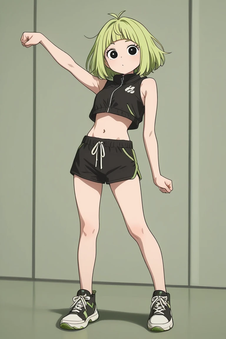 smile, (absurdres), (masterpiece), (highest quality), (best quality), (sharp focus), (soft lighting), realistic, (beautiful), Linda, Navel, Grey Hoodie, Green Hair, jumping, one leg up