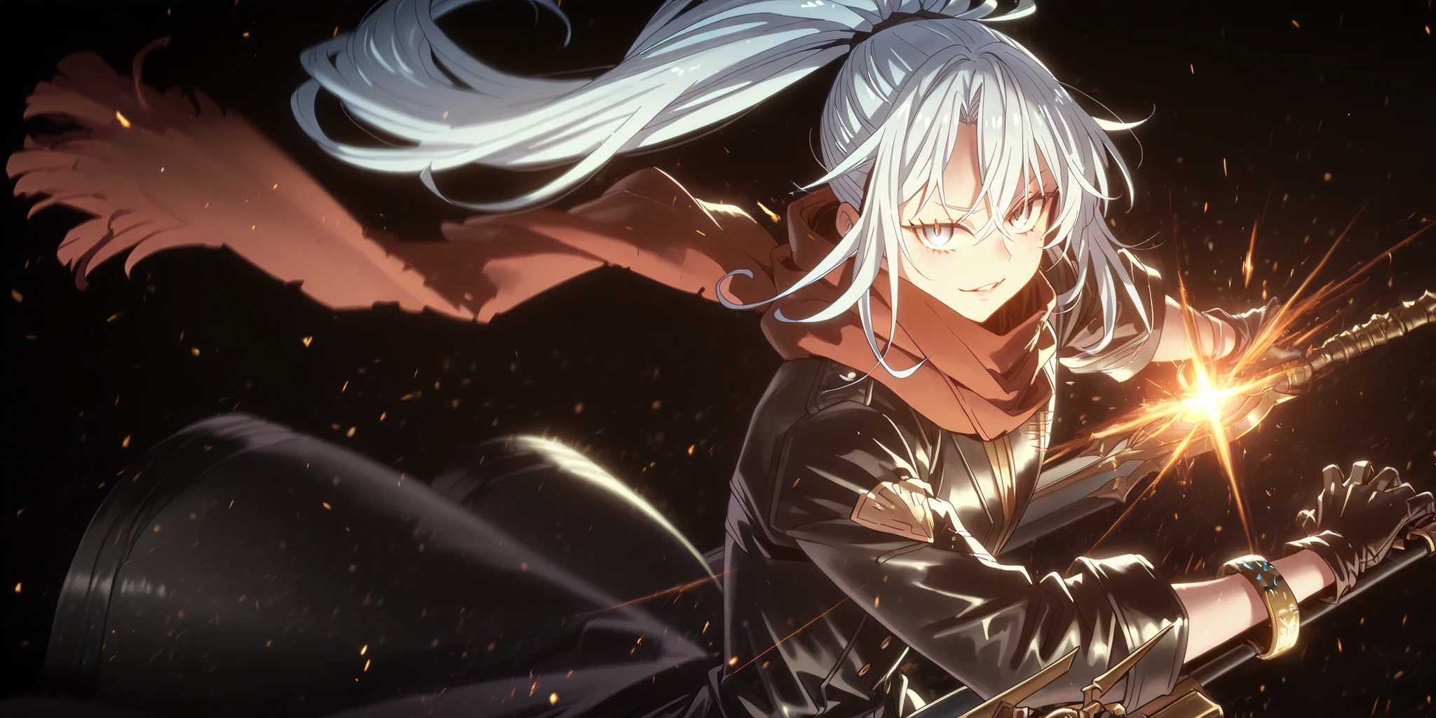 Short male character, young adolescent boy, around 1.50 meters tall, similar in height to Rimuru Tempest. Despite having a feminine and delicate appearance, the character is clearly male. He has the same face and hairstyle as Sylpha Langlis from Tensei Shitara Dai Nana Ōji — bright white hair, long bangs, and hair tied in a high ponytail. His face is perfect and beautiful, with striking blue eyes and a confident, provocative smile.
He wears tight-fitting black military tactical clothing with gold details (Lucifer/Lucio style from Granblue Fantasy), exposing his arms and shoulders. Over his outfit, he has a long, open black coat (like Dusk from Arknights) falling off the arms. He wears black gloves covering the full arm with golden bracelets at the wrists.
He holds a massive black greatsword, larger than his body. The blade is fully black. He is in a flashy, confident attack stance, looking directly at the viewer. His expression is playful and smug. A long red scarf flows around his neck.
Black background, dramatic cinematic lighting. Emphasize his short stature, male gender, and youthful energy.