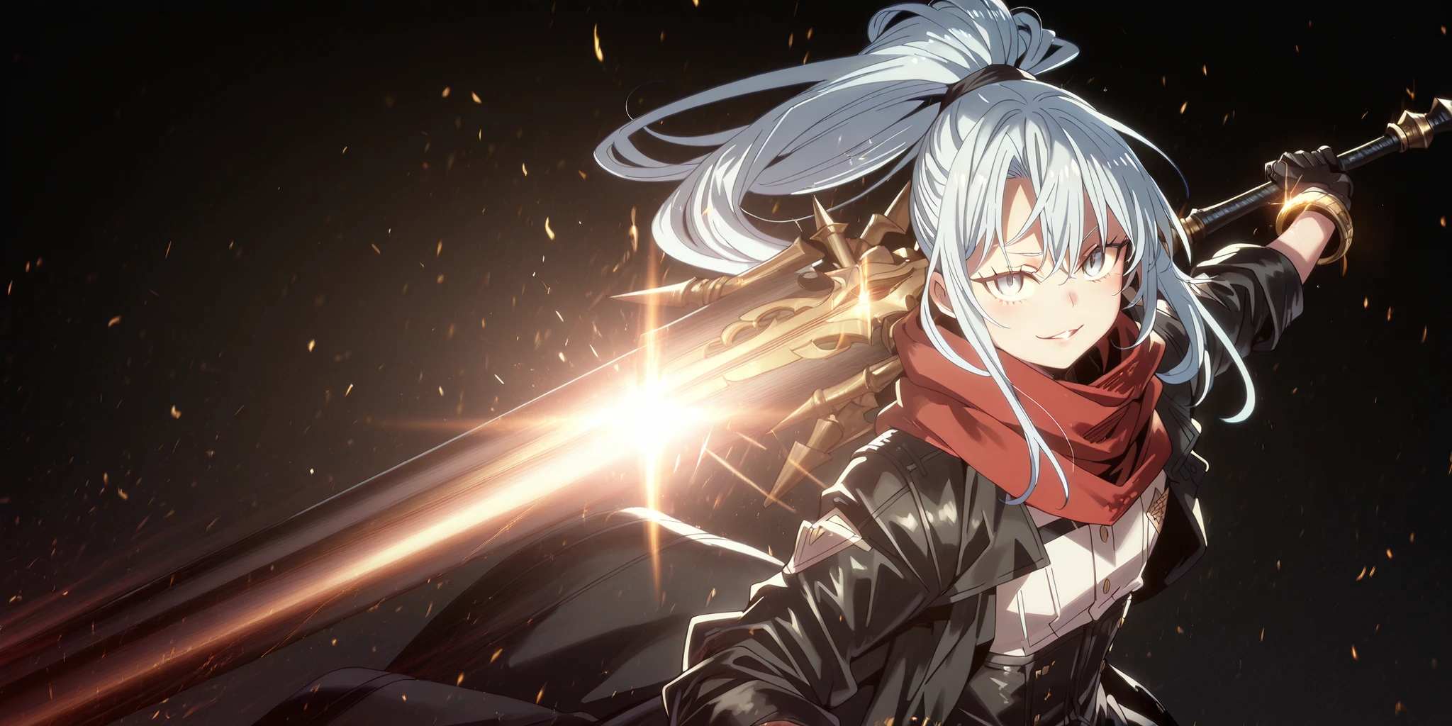 Short male character, young adolescent boy, around 1.50 meters tall, similar in height to Rimuru Tempest. Despite having a feminine and delicate appearance, the character is clearly male. He has the same face and hairstyle as Sylpha Langlis from Tensei Shitara Dai Nana Ōji — bright white hair, long bangs, and hair tied in a high ponytail. His face is perfect and beautiful, with striking blue eyes and a confident, provocative smile.
He wears tight-fitting black military tactical clothing with gold details (Lucifer/Lucio style from Granblue Fantasy), exposing his arms and shoulders. Over his outfit, he has a long, open black coat (like Dusk from Arknights) falling off the arms. He wears black gloves covering the full arm with golden bracelets at the wrists.
He holds a massive black greatsword, larger than his body. The blade is fully black. He is in a flashy, confident attack stance, looking directly at the viewer. His expression is playful and smug. A long red scarf flows around his neck.
Black background, dramatic cinematic lighting. Emphasize his short stature, male gender, and youthful energy.