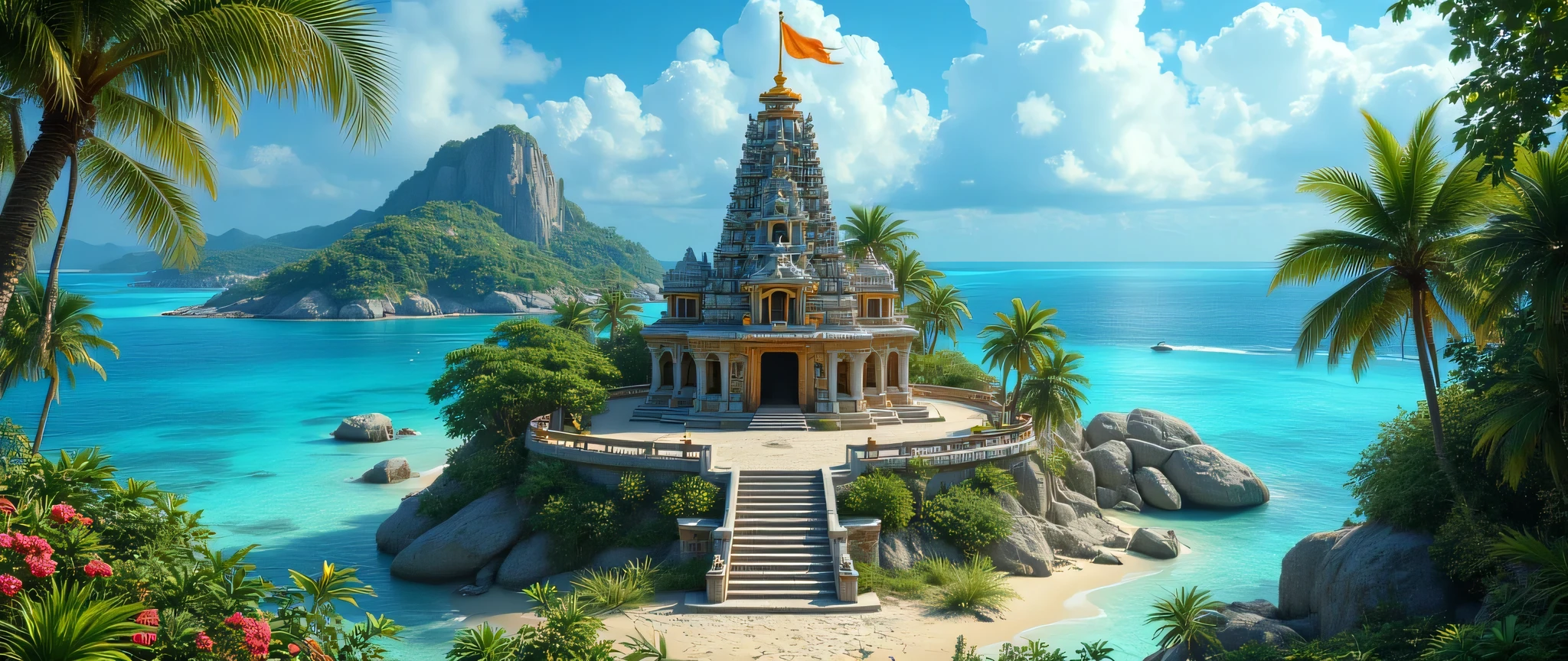 “An ultra-realistic cinematic photoshoot of a tropical island surrounded by turquoise blue waters and soft sandy beaches. At the heart of the island stands a magnificent Hindu temple, built in traditional South Indian style with intricate stone carvings, a tall gopuram, and detailed sculptures of gods and sacred symbols.
The temple is placed on an elevated hilltop, making it visible across the island, surrounded by lush green trees and rocky formations. A saffron flag flutters proudly at the top of the temple tower, glowing in the sunlight against the clear blue sky.
The temple radiates divinity and serenity, with stone steps leading up, oil lamps placed around, and colorful motifs carved into the walls. The atmosphere is cinematic and ultra-realistic, with dramatic lighting, sharp details, and a professional photoshoot aesthetic—capturing the beauty of the island, the temple, and the ocean horizon.”