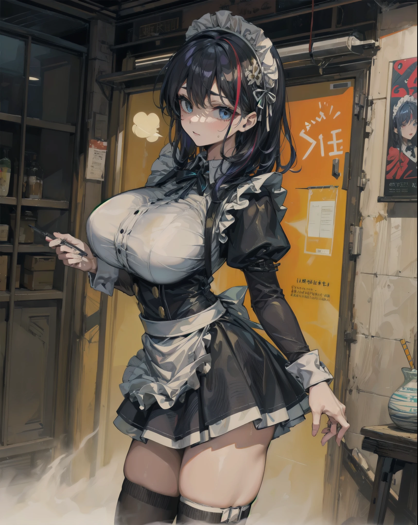 (fantasy:1.5),(anime,8k,masterpiece, top quality, best quality,beautiful and aesthetic:1.2,professional illustrasion:1.1,ultra detail:1.3,perfect lighting),extremely detailed,highest detailed,incredibly absurdres , highres, ultra detailed,intricate:1.6,(Alchemy Workshop:1.4),A girl mixing,Medicine in many small bottles,holding small potion,colorful:1.4,zentangle,(1girl),(girl),(Three kingdoms female warload),(highly detailed beautiful face and eyes,firm breasts),oily skin,((black,hair,short bob with short pony tail hair)),thin pubic hair,cute,lovely,34 years old,alchemist costume,Merchant's Clothing,smile,in the kitchen,smile,seductive weak smiling,(with sparkling eyes and a contagious smile),open mouth, Looking at Viewer,