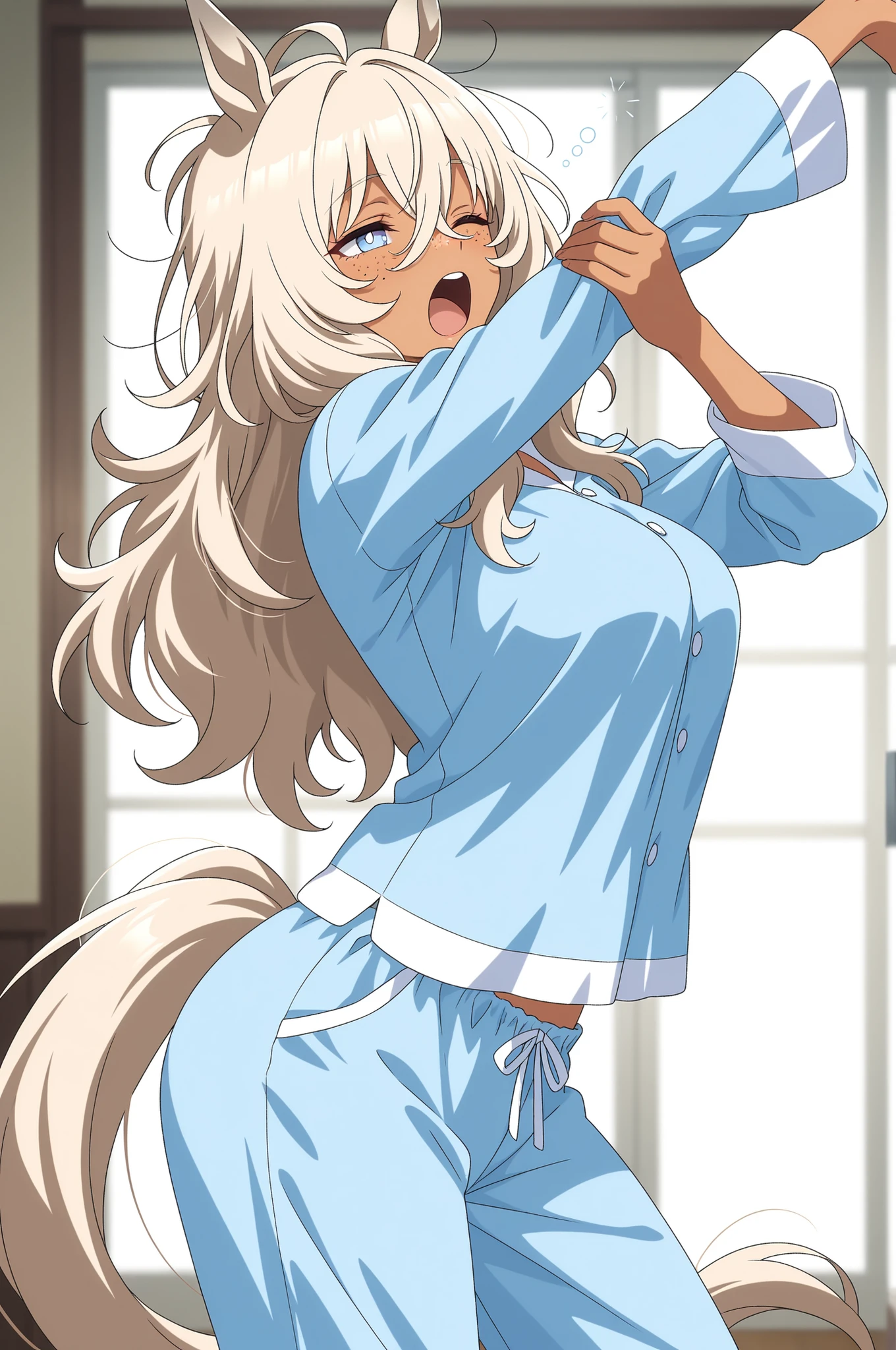masterpiece, best quality, amazing quality, very aesthetic, safe, from side, horse girl, mature female, yawning, stretching, one eye closed, contrapposto, light blonde hair, slightly messy hair, long hair, hair between eyes, light blue eyes, white pupils, dark skin, freckles, horse ears, horse tail, medium breasts, wide hips, pajamas, indoors, blurry background, absurdres, (anime screencap), lineart