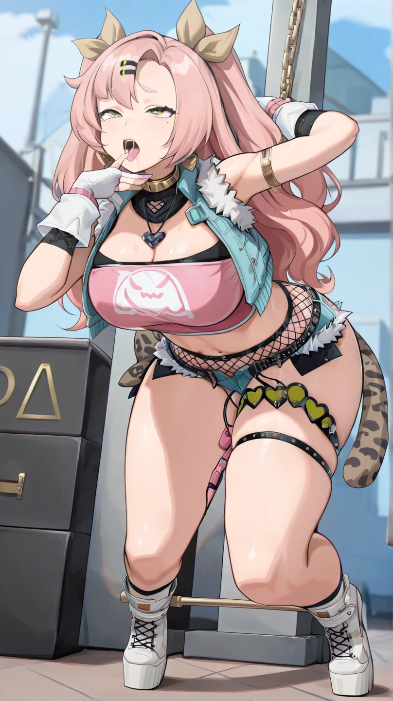 figure, glasses, pink air, pink stripes lace lingerie, sexy pose, big breasts, smile, pink witch hat, pigtails, cat tail
