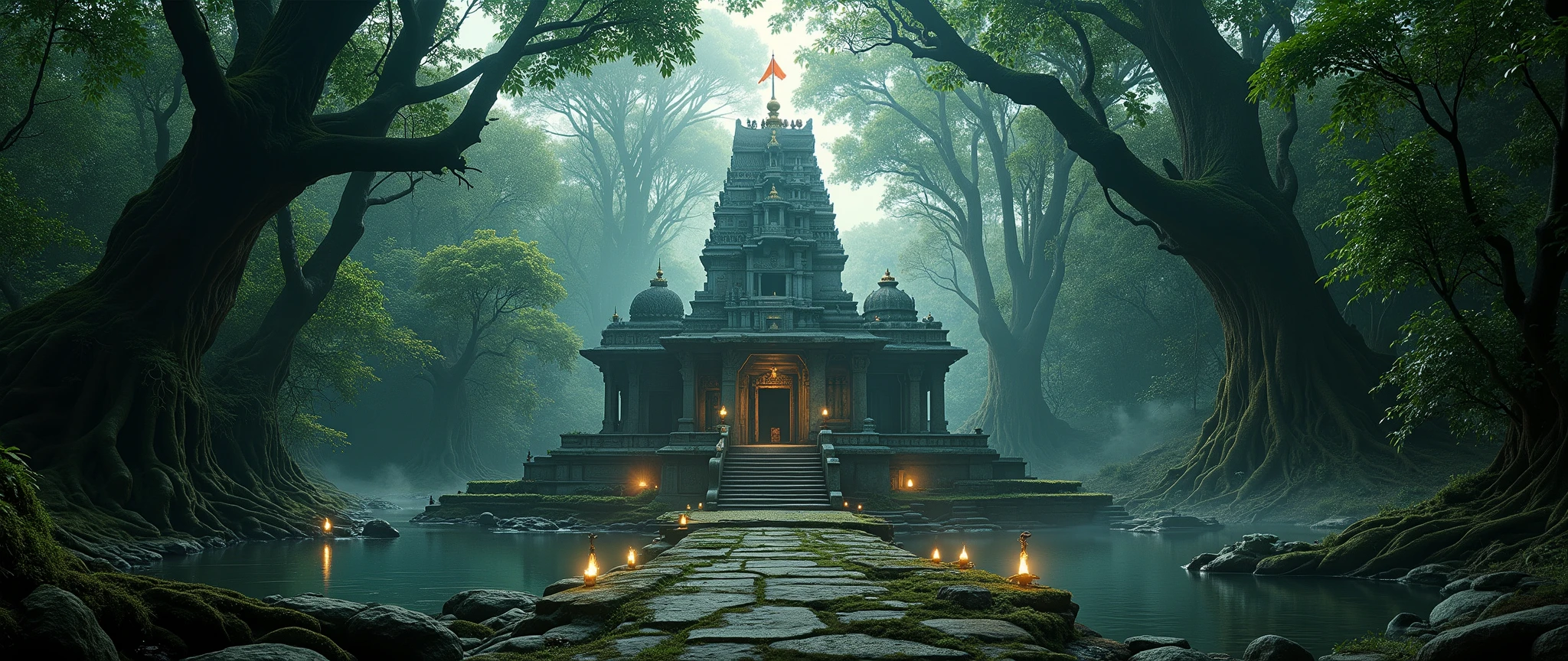 “An ultra-realistic cinematic front photoshoot of a majestic Hindu temple deep inside a dark mystical forest. The temple is built in traditional South Indian style with intricate stone carvings, towering gopuram, and detailed sculptures of gods and sacred symbols.

The temple rises from a rocky elevated ground, partly covered in moss and vines, surrounded by dense ancient trees with twisted roots and branches that create a shadowy canopy. A swamp with still, reflective water lies nearby, with scattered rocks and mist creeping across the ground, adding an eerie and divine atmosphere.

At the top of the temple tower, a saffron flag flutters proudly, glowing in the faint sunlight that pierces through the dark forest canopy. The stone steps leading to the temple are aged and covered in moss, with oil lamps casting a warm golden glow amidst the shadows.

The scene is captured in ultra-realistic cinematic style, with dramatic contrast between light and darkness, sharp details in textures (stone, wood, water, and fabric), and a mystical aura that makes the temple look both divine and otherworldly.”
