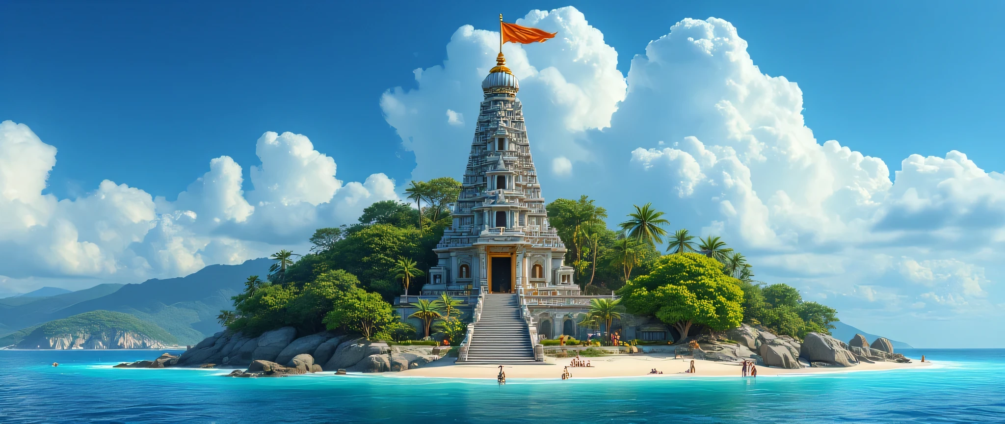 “An ultra-realistic cinematic front focused photoshoot of a tropical island surrounded by turquoise blue waters and soft sandy beaches. At the heart of the island stands a magnificent Hindu temple, built in traditional South Indian style with intricate stone carvings, a tall gopuram, and detailed sculptures of gods and sacred symbols.
The temple is placed on an elevated hilltop, making it visible across the island, surrounded by lush green trees and rocky formations. A saffron flag flutters proudly at the top of the temple tower, glowing in the sunlight against the clear blue sky.
The temple radiates divinity and serenity, with stone steps leading up, oil lamps placed around, and colorful motifs carved into the walls. The atmosphere is cinematic and ultra-realistic, with dramatic lighting, sharp details, and a professional photoshoot aesthetic—capturing the beauty of the island, the temple, and the ocean horizon.”