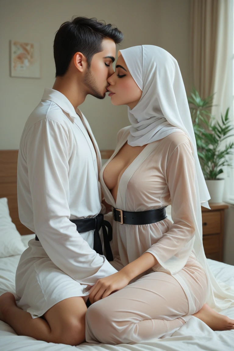 Beautiful fair skin matured indonesia girl in hijab sitting in men lap, in girl room, seductive sexy face, 35 years old, milf, angry pose, ultra detail face, detail skin texture and wrinkle, in bed, morning, wearing hijab, random light blue color hijab, nude, medium breast, flat chest, wide waist, thick thighs, bright lighting, white lighting, dramatic lighting, high quality, cinematic movie shot angle and framing, weeding ring, bracelet and watch, nsfw, show pubic hair, naked, show vagina, seductive face, seductive lips, wet lips, 1 men hug from behind, sit with open leg, hugged by 1 half nude man, floral pattern hijab, making out in bed, seductive nude couple, wet body, dense pubic hair, wet vagina, vagina water dipping, seductive closed eyes,